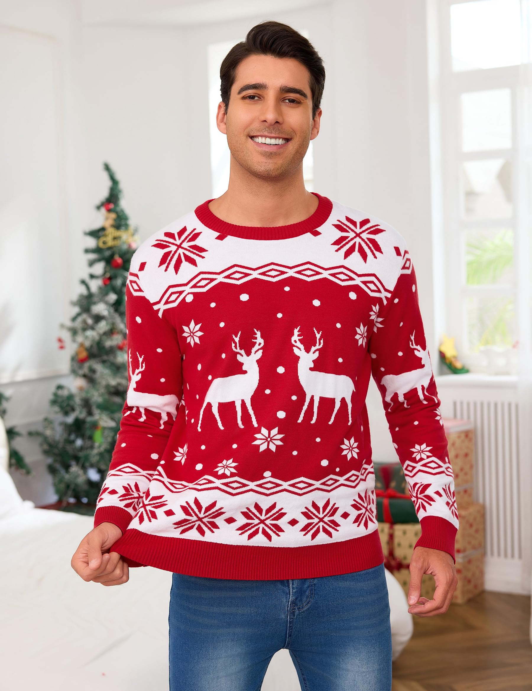 Demegimi Weihnachtspullover Herren Rundhals Pullover Christmas Sweater Herren Weihnachten Strickpullover S-XXL