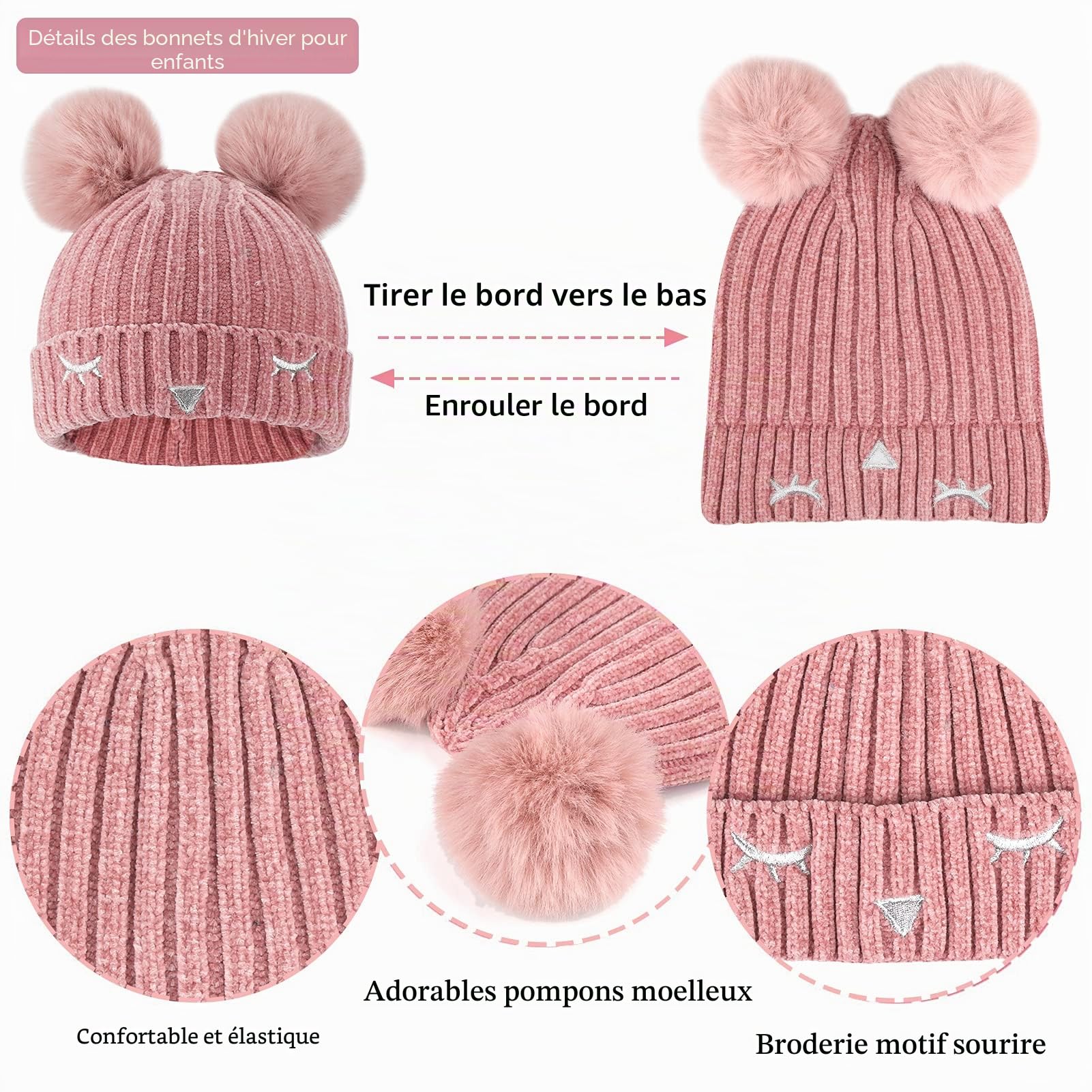 Bequemer Laden Enfants Garçons Filles Hiver Chaud Pompon Bonnet Gants Tactiles Écharpe Ensemble Tricot Chapeau Cache-Cou Avec Doublure Polaire pour 3-10 Ans Cadeaux Noel