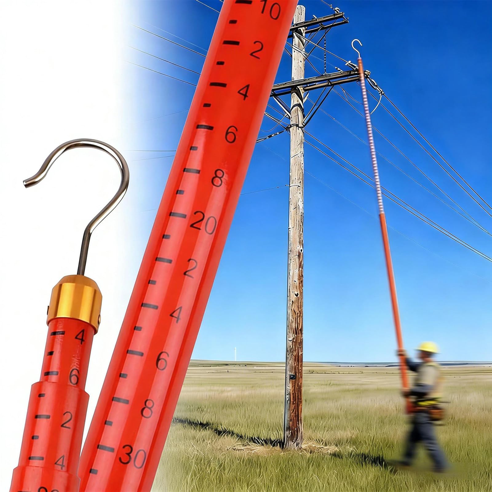 Hot Stick aislado con gancho, poste de medición telescópico para linieros, medición de altura de línea viva y seguridad eléctrica de alto voltaje
