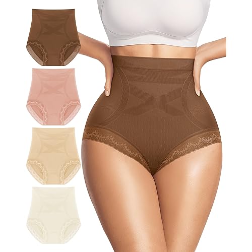 Women's Underwear 4 Pack High Waisted Tummy Control Ladies Panties with Lace Comfortable Briefs Full Coverage
