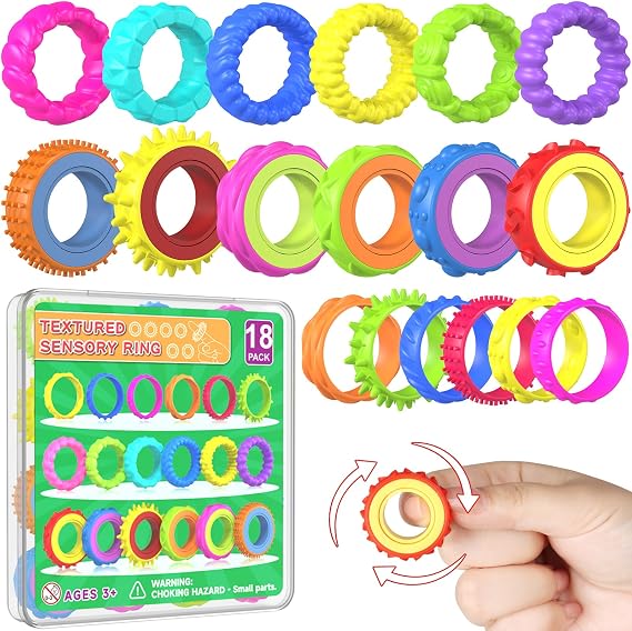 Fidget Toys Sensory Rings for Kids: 18 Pack Finger Spinner Autism ADHD Calming Fidget Toys, Soft Tactile Stress Relief Rings for Classroom Prize, Stocking Stuffers & Fine Motor Skills