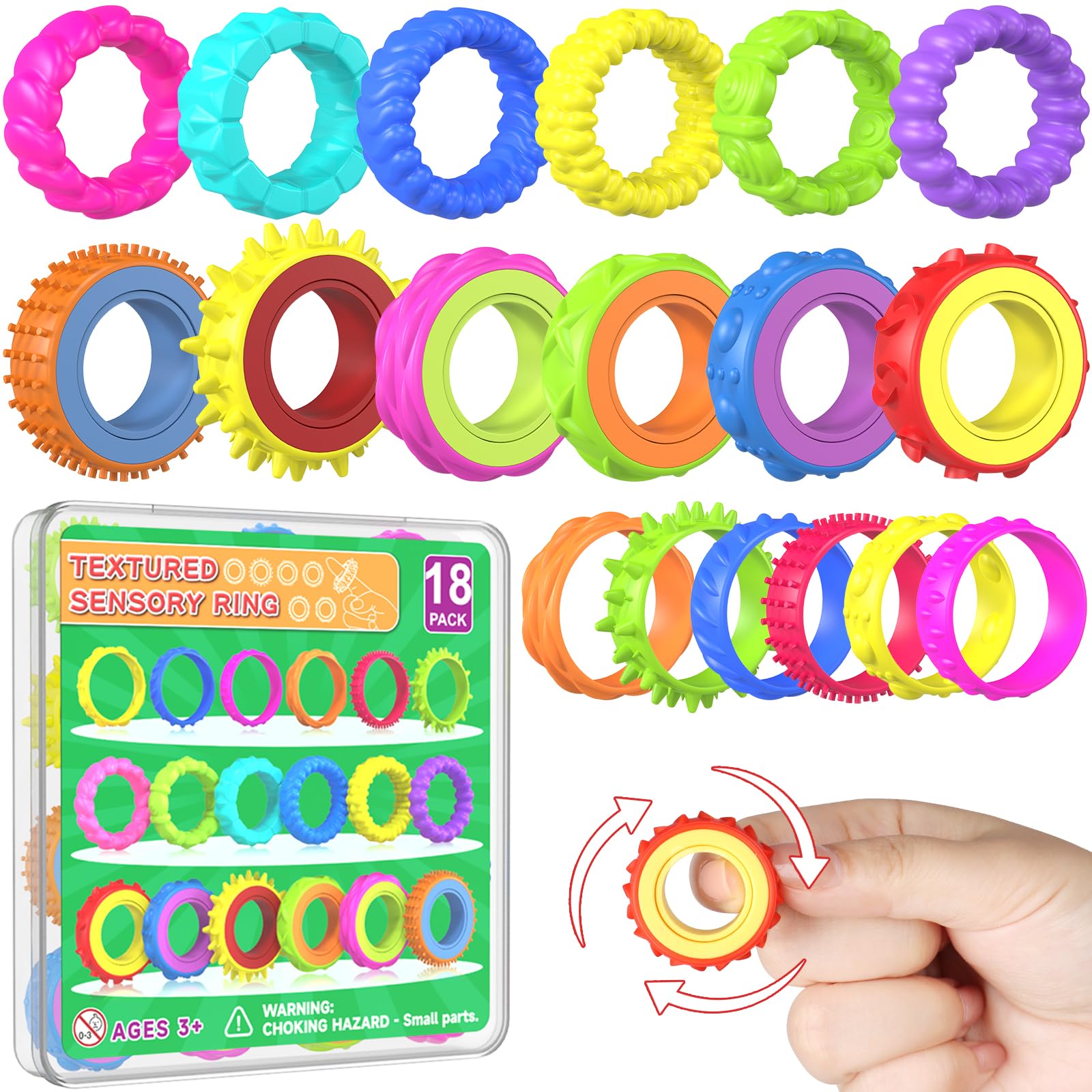 Fidget Toys Sensory Rings for Kids: 18 Pack Finger Spinner Autism ADHD Calming Fidget Toys, Soft Tactile Stress Relief Rings for Classroom Prize,