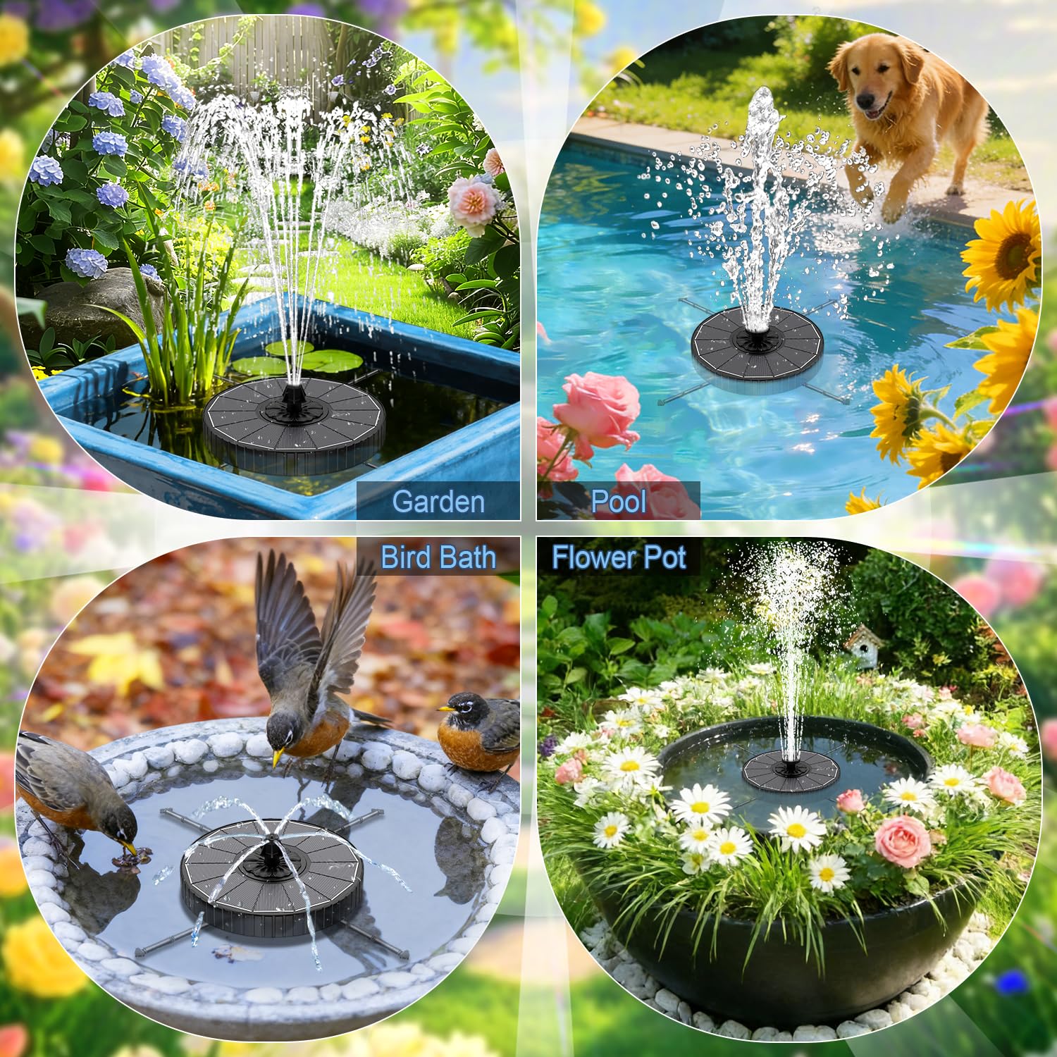 Solar Springbrunnen 3 Sprühhöheneinstellungen, Yzert 3.5W Solar Teichpumpe mit 2000mAh Batterie, 7 Effekte & 4 Rotierende Stäbe Solar Wasserpumpe, Solar Schwimmender Solarpumpe für Garten (Schwarz)
