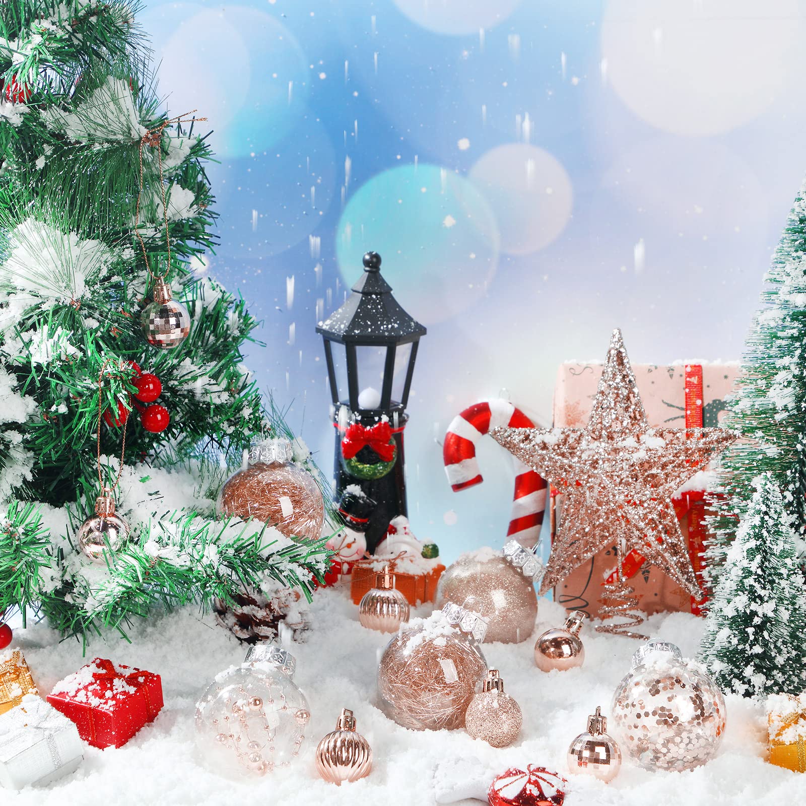 Juego de adornos de bolas de Navidad inastillables, bolas de árbol de plástico, bolas transparentes para árbol de cumpleaños, día festivo, decoración interior y exterior (oro rosa, 49 piezas)