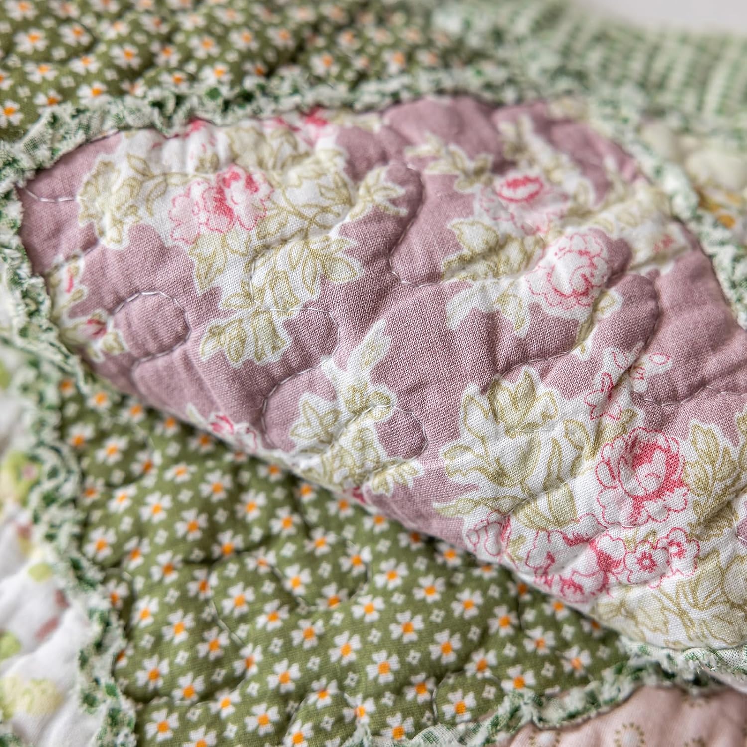 vctops Set of 2 Quilted 100% Cotton Boho Throw Pillow Covers 18" x 18" Farmhouse Country Floral Patchwork Decorative Cushion Cover, Patchwork Flower G - Image 7