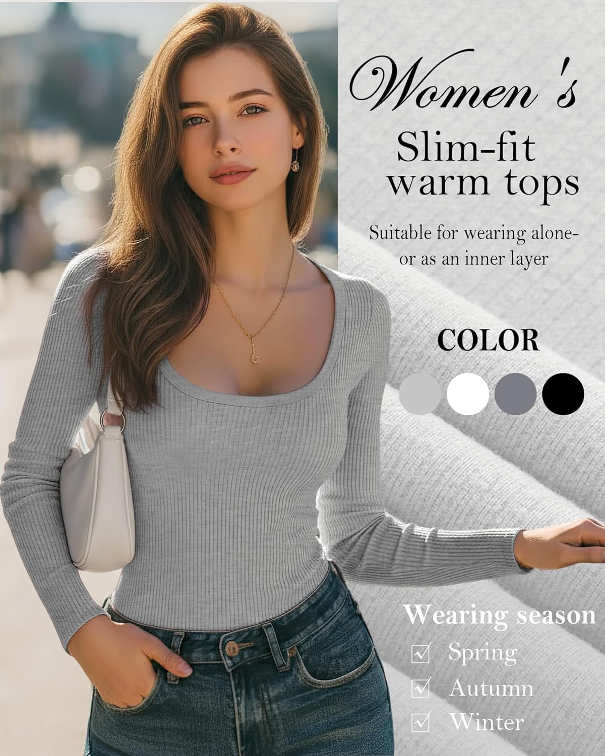 4 Pack Women's Long Sleeve Shirts Scoop Neck Ribbed Knit Tops Casual Slim Fitted Cotton Tees Fall Basic T Shirts - Image 4