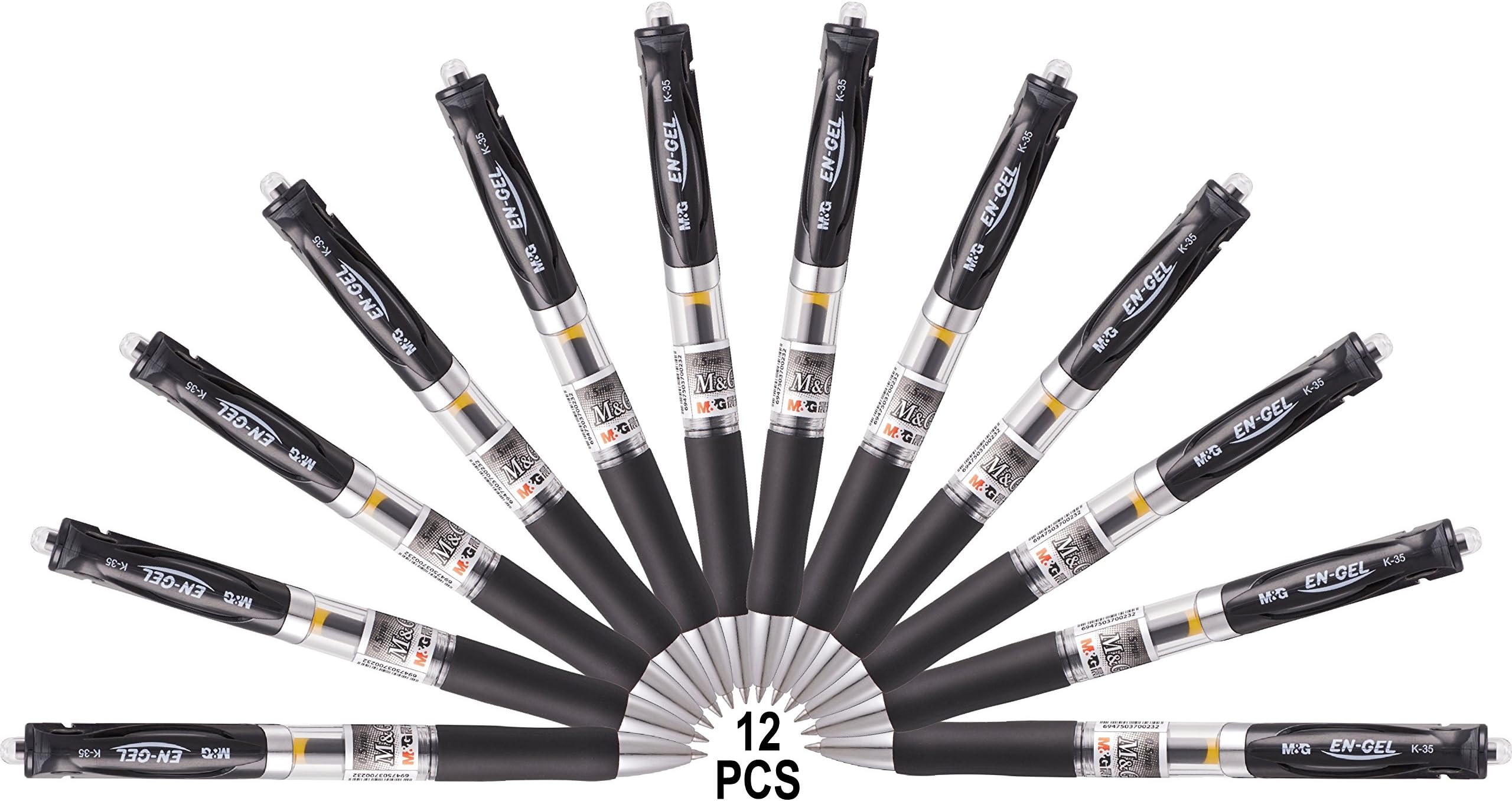 M&G Retractable Gel Pens, 0.5mm, Micro Point, Classical Model K-35,Black Ink, Pack of 12pcs