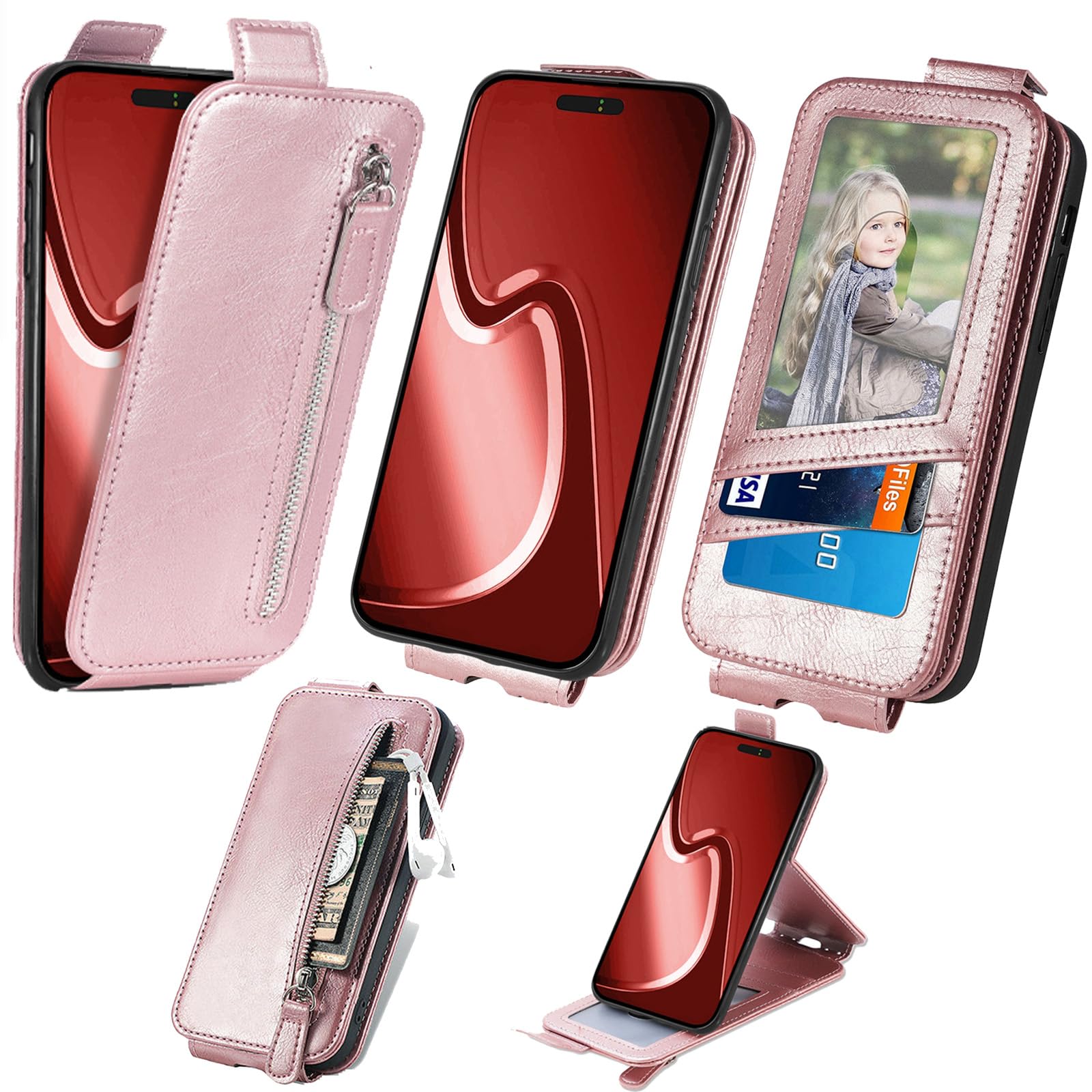 GuluGuru for Nokia C300 Leather Phone Case Wallet with Zipper Pocket, Up-Down Open Magnetic Closure Clasp, Vertical Folio Flip Cover Kickstand, Card Holder Cash Slot Rose Gold