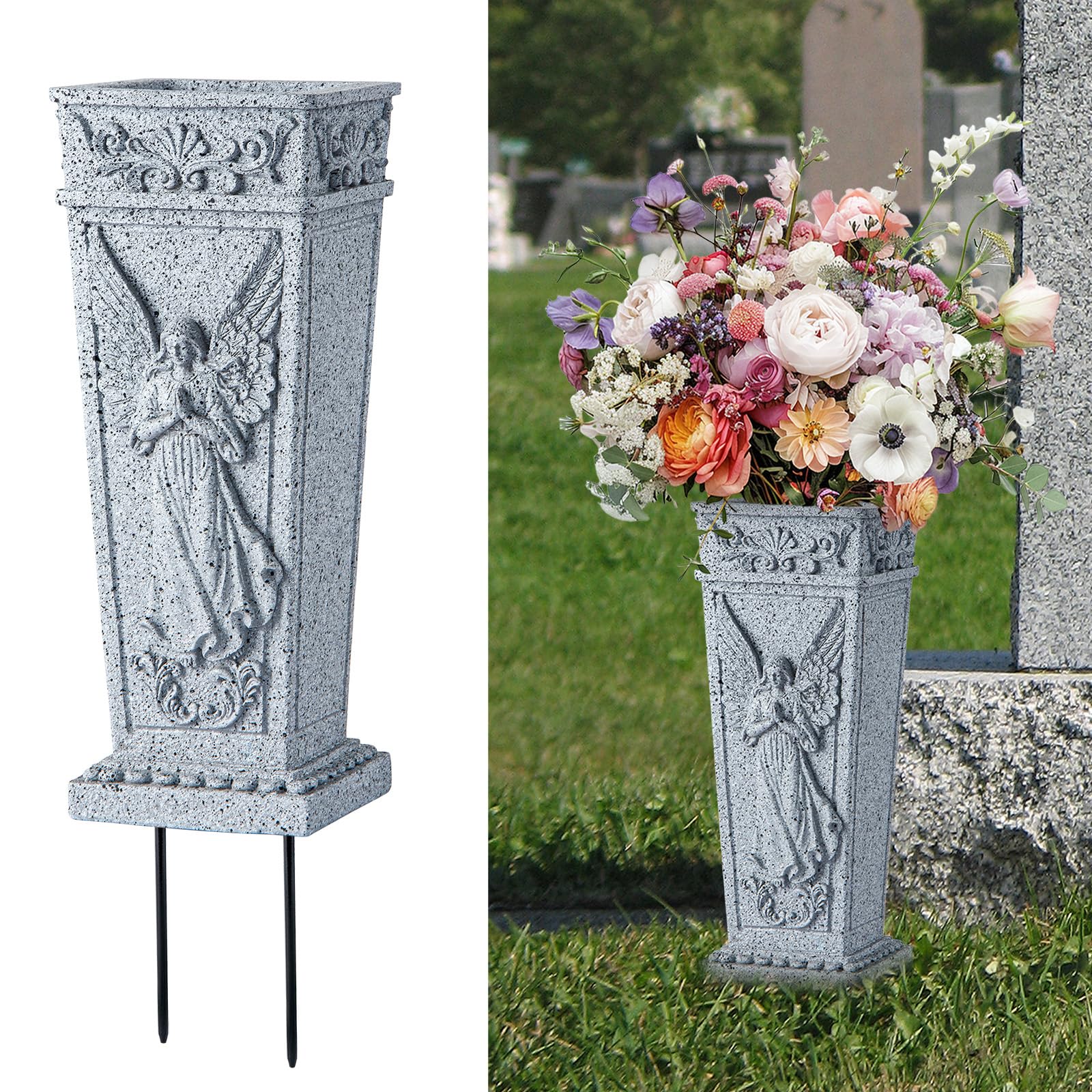 Vaso del cimitero, vasi di marmo naturale vasi di fiori con fori di drenaggio per le decorazioni della tomba del cimitero all'aperto dell'interno (2, grigio