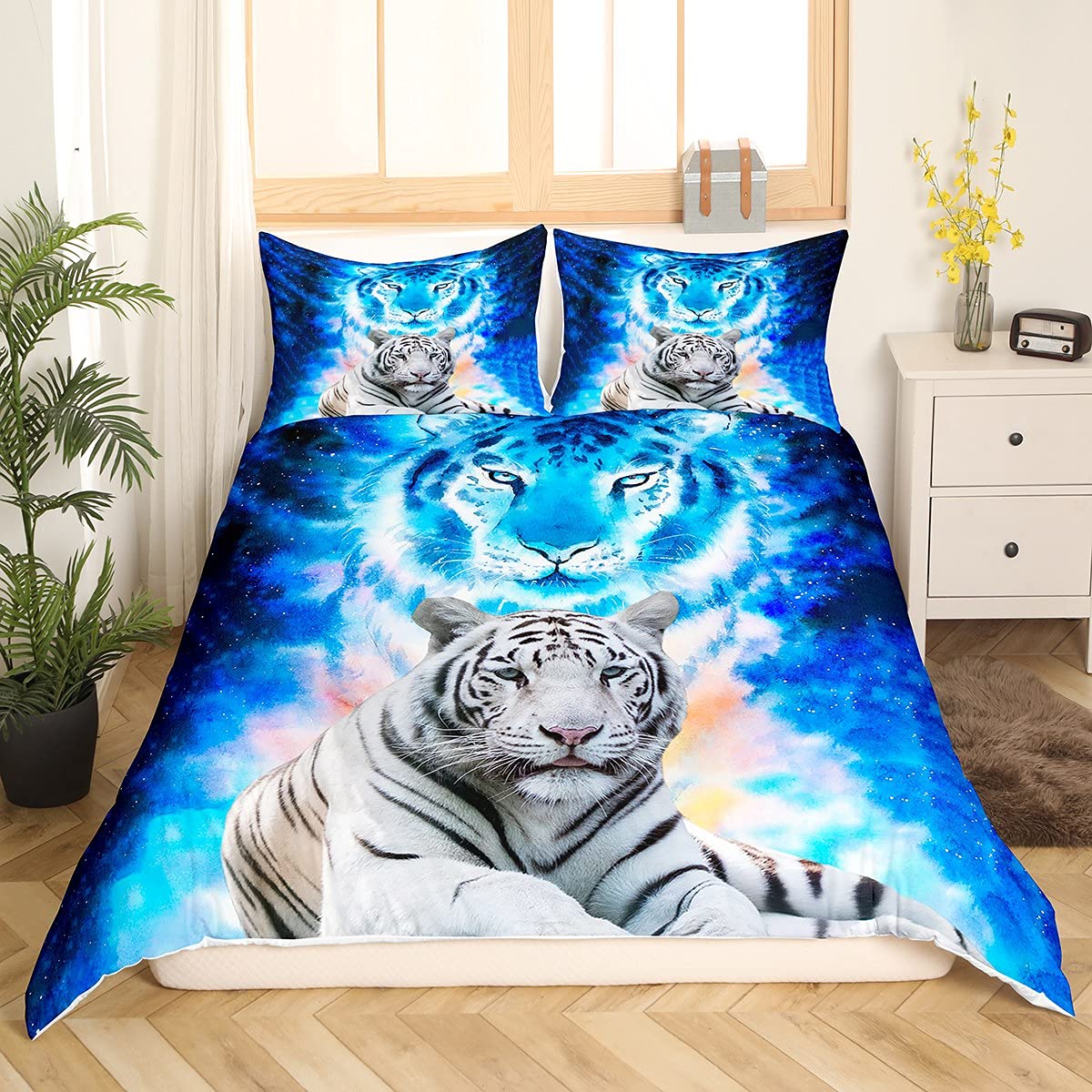 Loussiesd Tiger Drucken Bettwäsche Set 135x200cm Blue Galaxy Bettbezug Set Wildtier Safari Betten Set Wildlife Bettwäsche für Kinder Erwachsen Raumdekoration mit Reißverschluss, Ultra weich