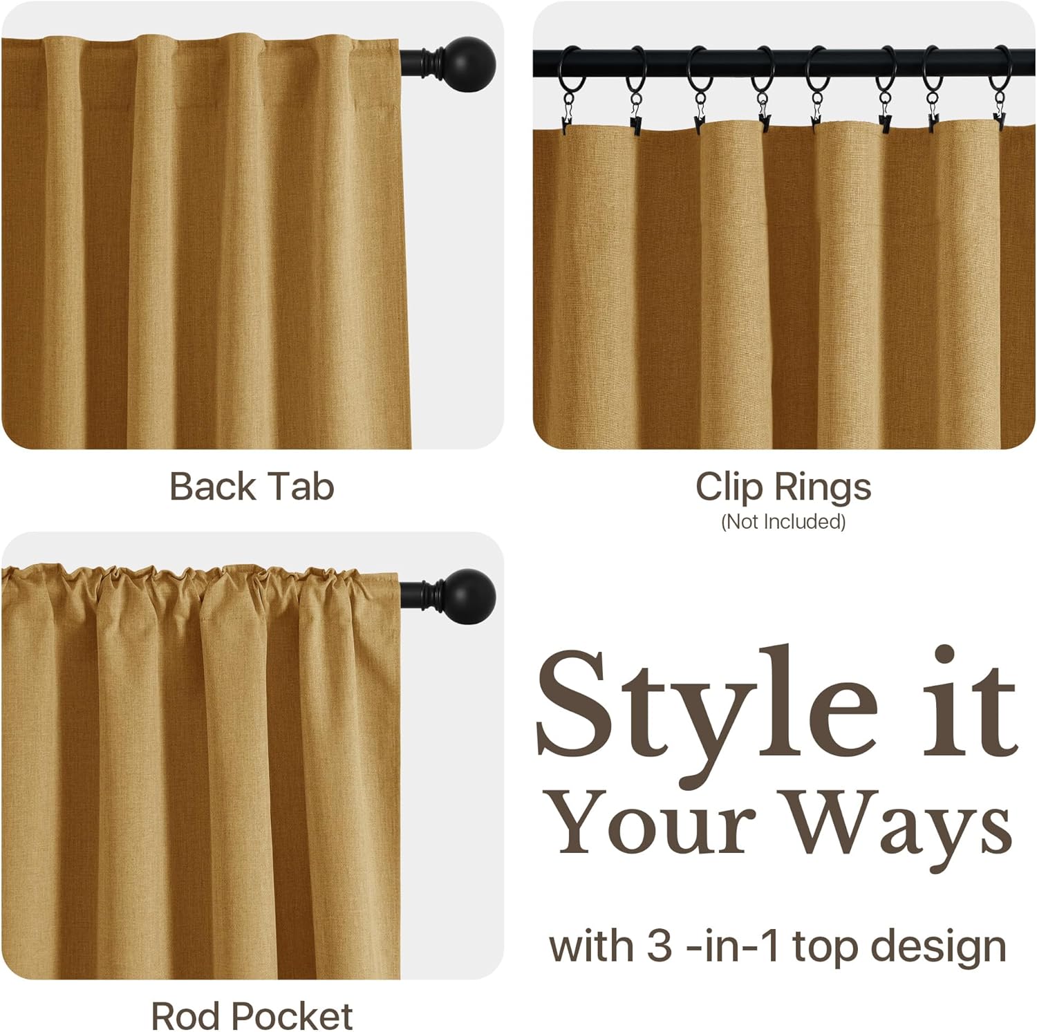 NICETOWN Scratch-Proof 100% Blackout Mustard Yellow Curtains, High-Density Linen Blend Window Treatments Rod Pocket & Back Tab Thermal Drapes for Living Room, W52 x L84, 2 Panels