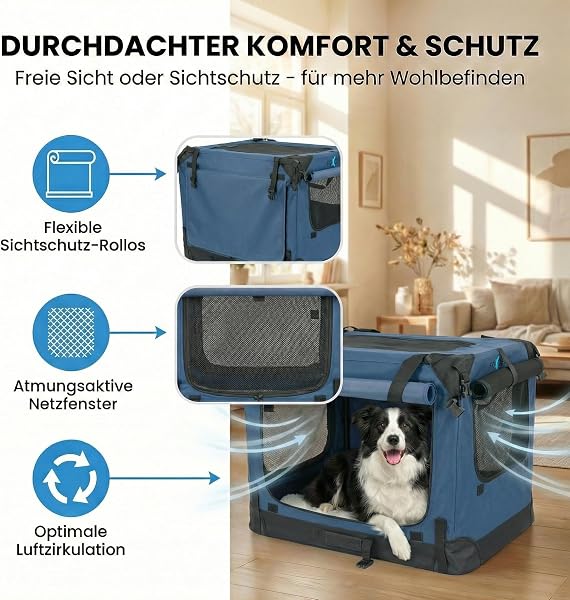 Marke: Xonic Foxdevil by xonic® Faltbare Hundebox/Katzenbox für mittelgroße Tiere – Hundetransportbox Auto und Zuhause – Transportbox Hund – Hundebox Auto Kofferraum (Blau, XXL) in use