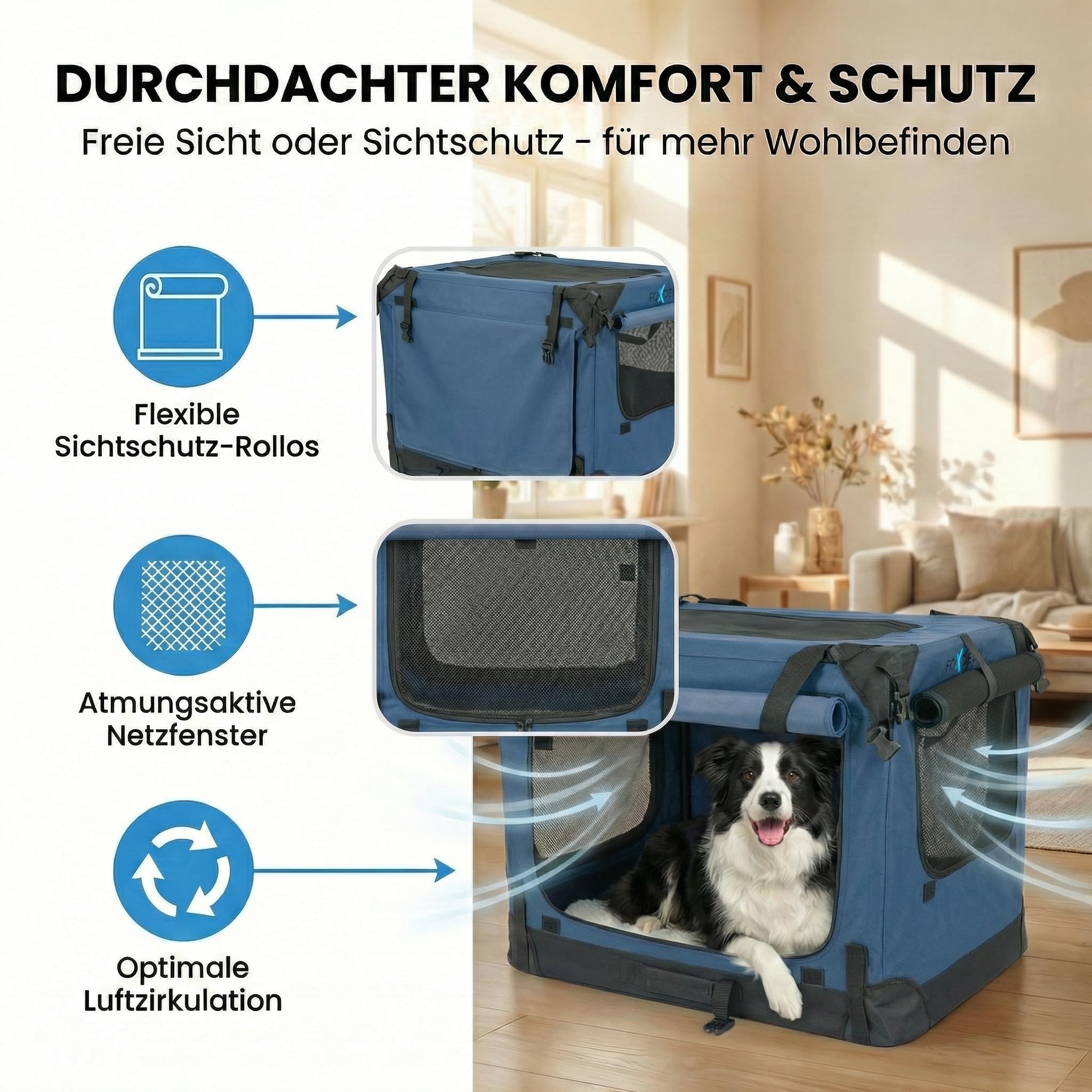 Marke: Xonic Foxdevil by xonic® Faltbare Hundebox/Katzenbox für mittelgroße Tiere – Hundetransportbox Auto und Zuhause – Transportbox Hund – Hundebox Auto Kofferraum (Blau, XXL) in use