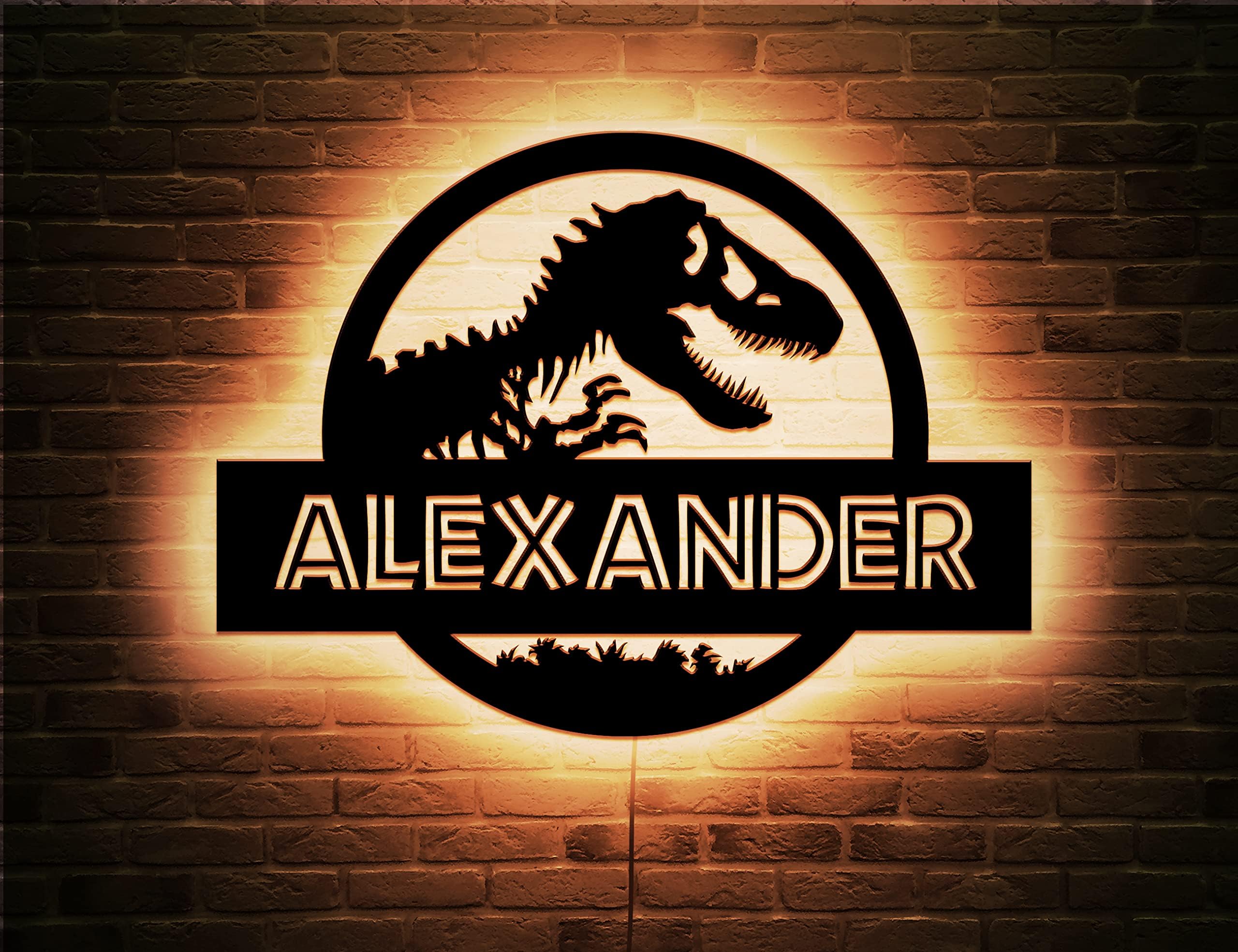 MicroLed Decor Light up Name Sign for Wall Dinosaur - Custom Name Jurassic Wall Art Led Light - Personalized Tyrannosaur T-Rex Wall Decor - Dinosaur Wall Art Kids Room Bedroom Neon Multi Color Boys