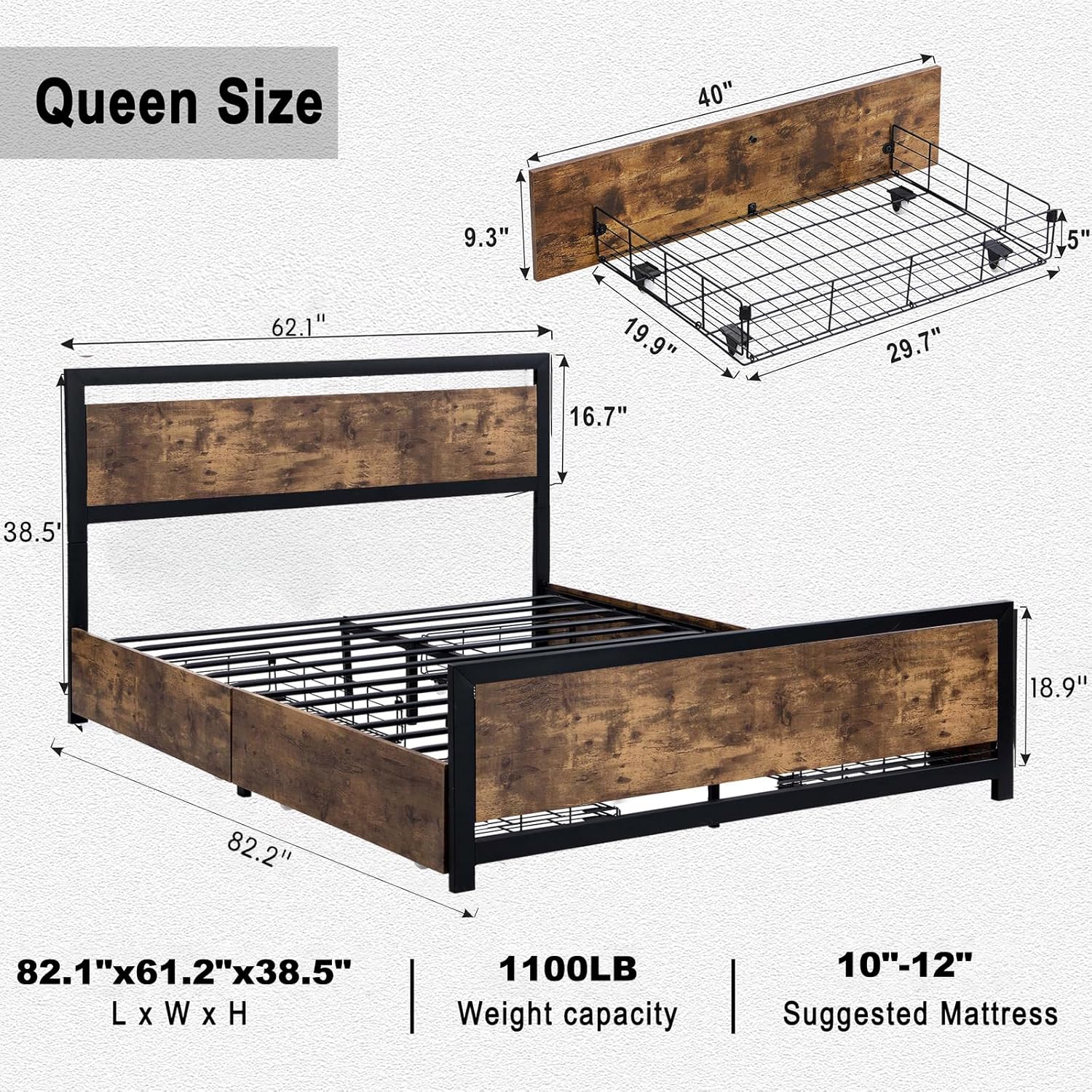 Ailisite Rustic Wood Queen Size Bed Frame with 4 Storage Drawers, Platform Storage Bed Queen with Headboard and Charging, LED Queen Bed Frame, Heavy Duty Metal Slats,No Noise,No Box Spring Needed