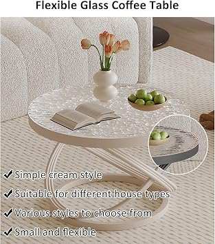 Glass Coffee Tables for Living Room Circle Center Table Minimalist Display Coffe Table Accent Furniture for Living Room Indoor(All White,19.68x19.68x17.72in)