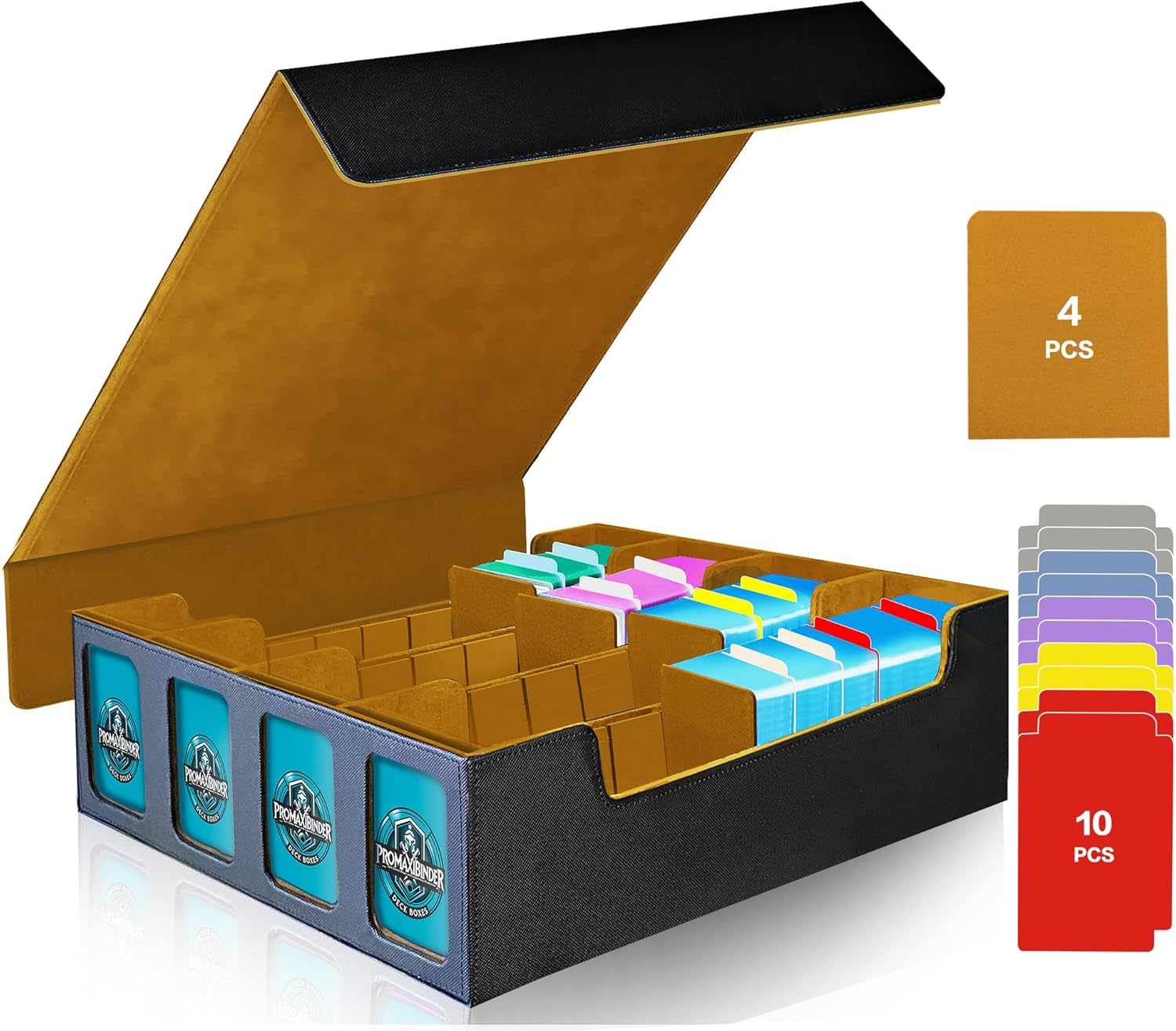 Trading Card Storage Box Fits 3200+ MTG/TCG/YuGiOh Cards, Commander Deck Case, 4 Display Windows 10 Dividers 4 Movable Partitions, PU Leather, Magnetic Closure, Magic, Sport Cards (Gold)