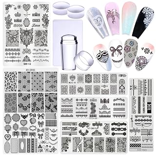 6pcs Lace Flower Design Nail Stamping Plate Kit With French Tip Nail Stamper Kit Ribbon Bow Knot Nail Stencil Reusable Stainless Steel Manicure Tool Nail Supplies for Salon DIY - Amazon product rated Grade A