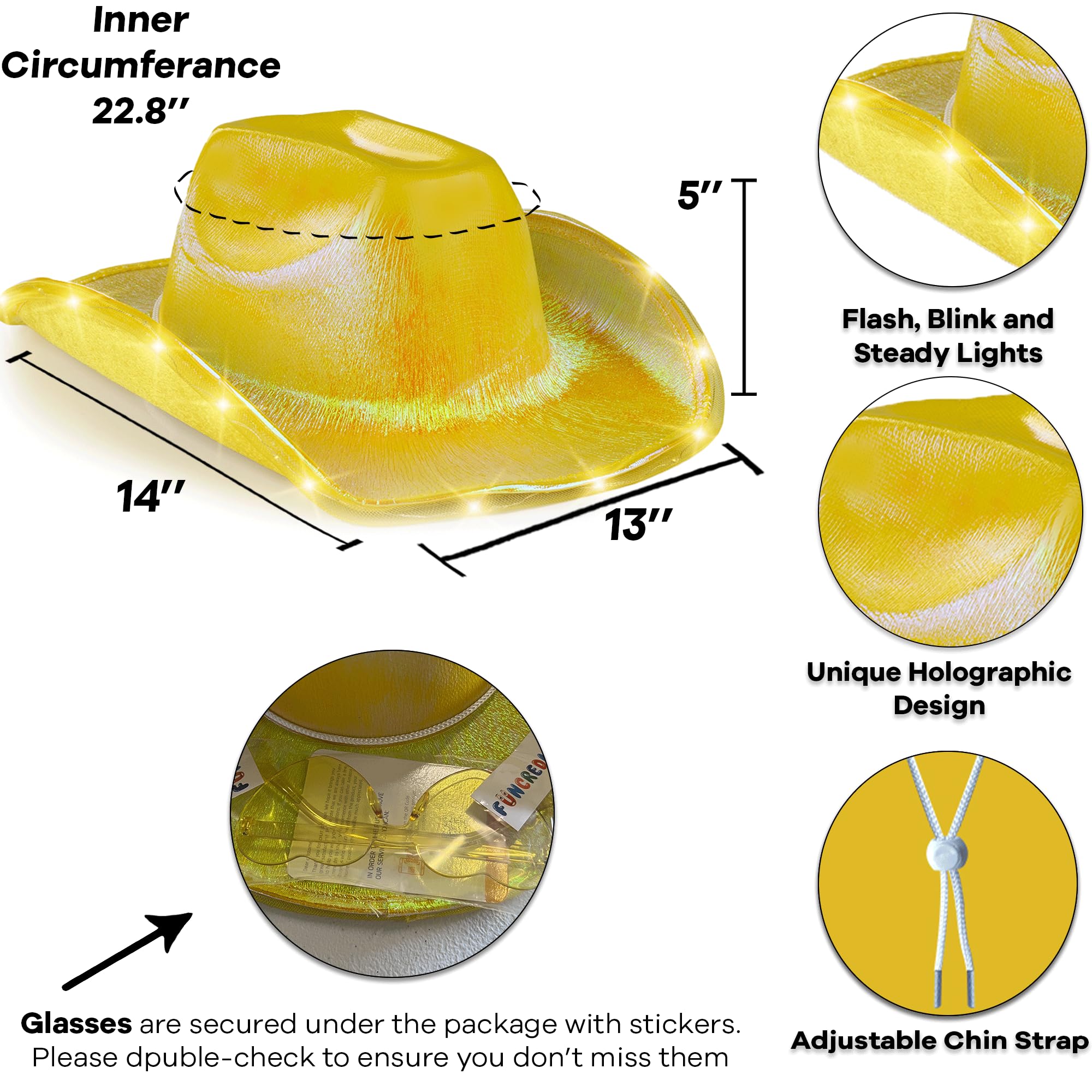 1934 Holographic Space Cowboy Hat, Led Yellow Gold Disco Cowgirl Rave Space Cowboy Hat main image 2