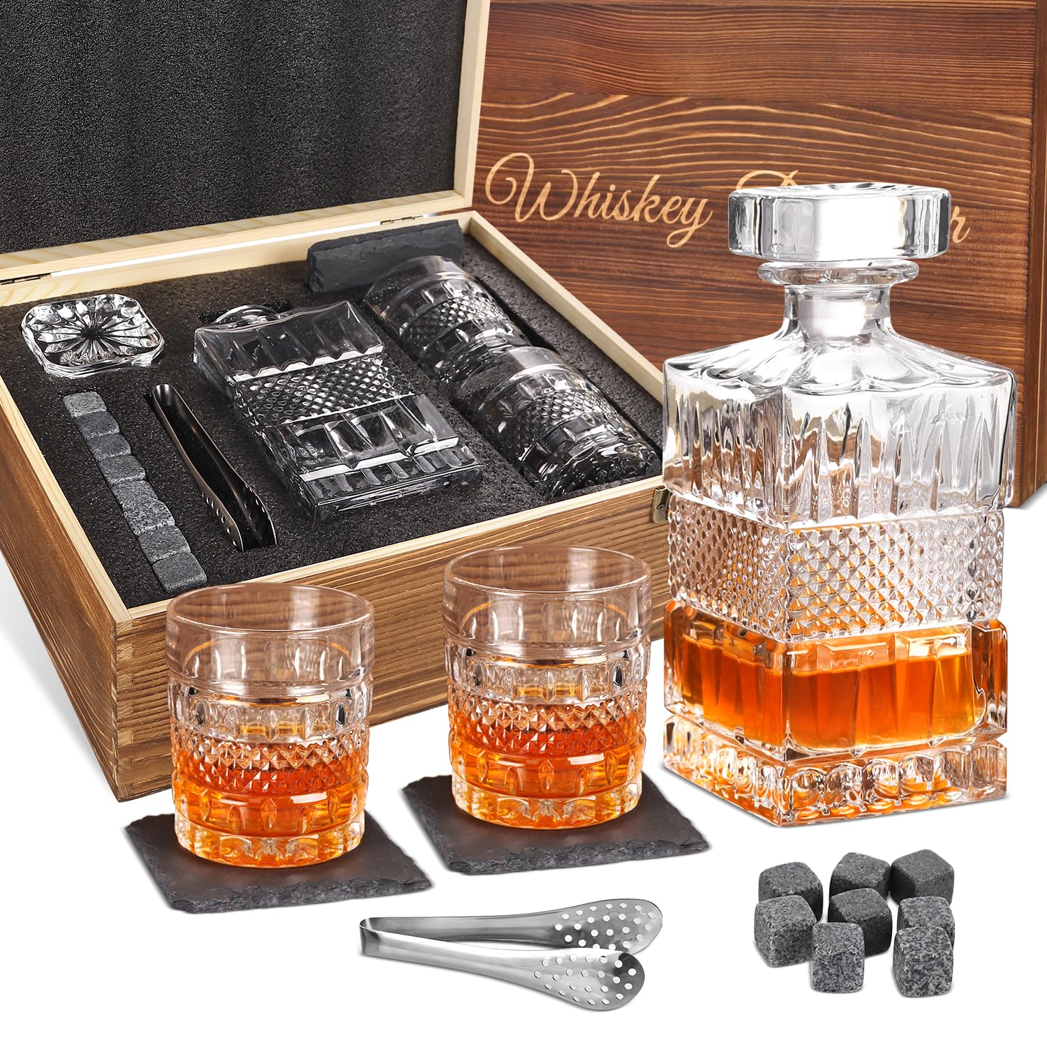 Cambareign Whiskey Decanter Set with Wooden Box, 27oz Crystal Liquor Decanter with 2 Glasses, Chilling Stones, Coasters and Tong โ Whiskey Decanter Sets for Men, Husband, Dad, Boyfriend