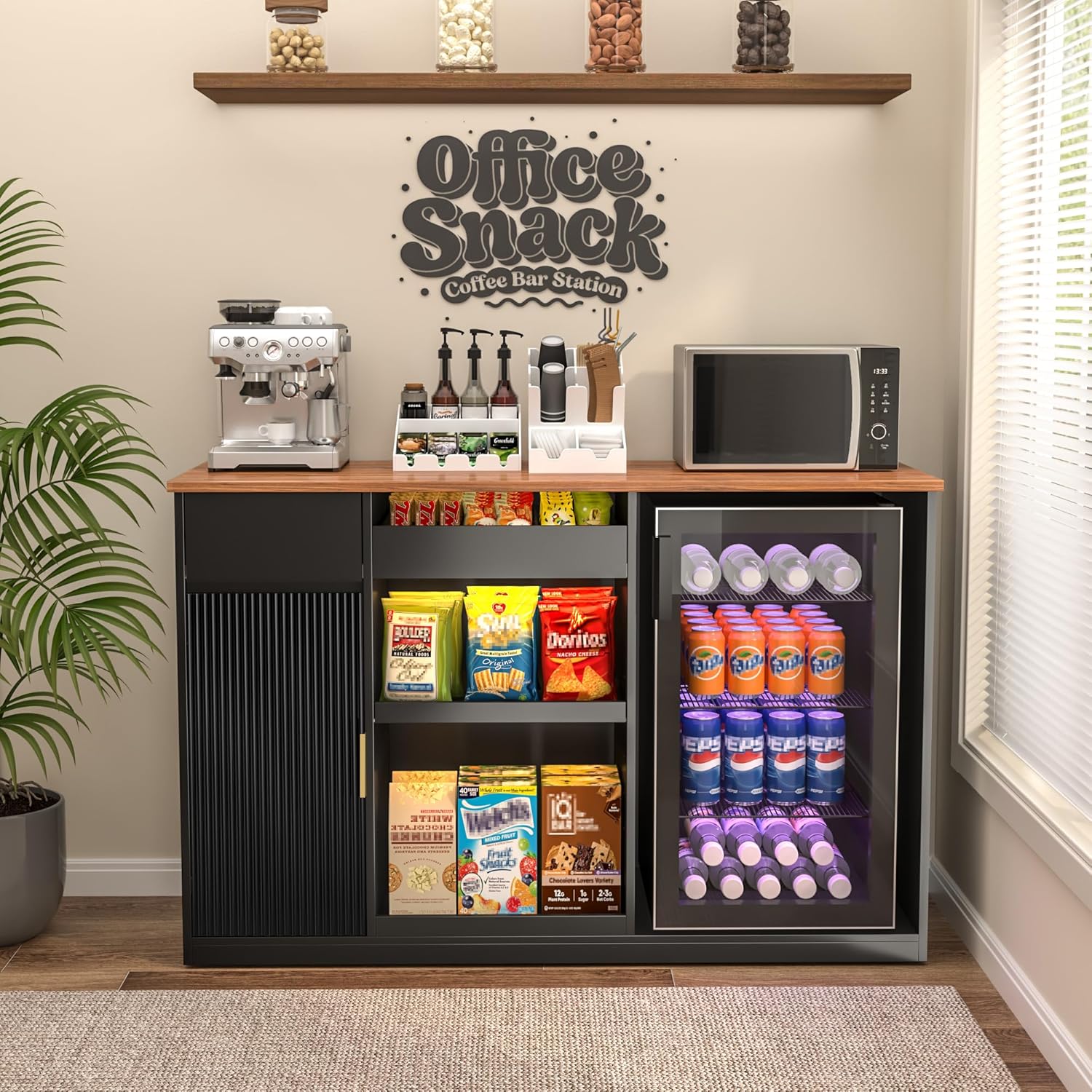 GDLF Snack Bar Cabinet with Fridge Space, Snack Organizer with Storage and Candy Display Shelf, Coffee Station for Home Theater or Game Room, 51.2" L，Black