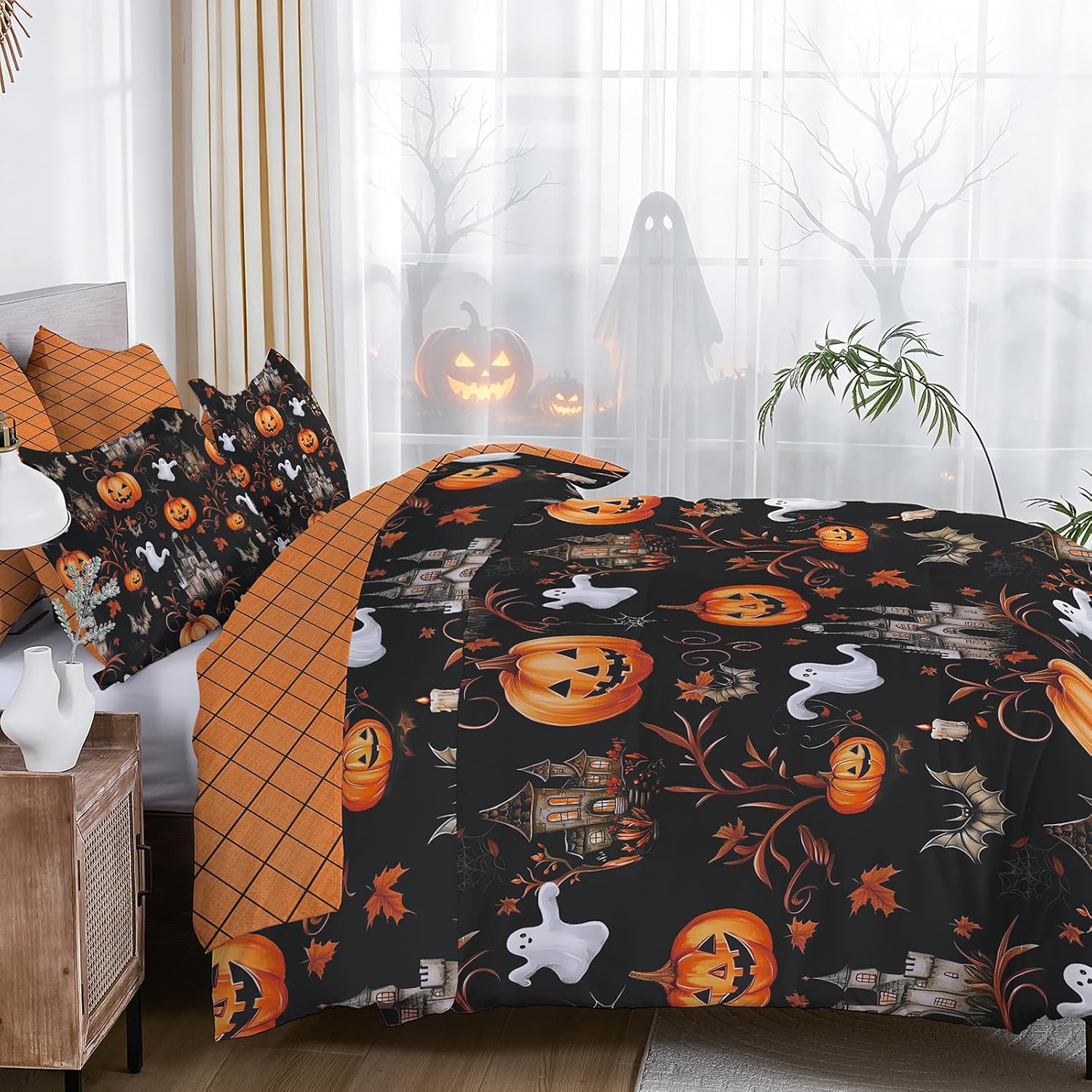 WONGS BEDDING Halloween Duvet Cover Set Queen,3 Pieces Orange Pumpkin Castle Ghost Festival Themed Duvet Cover with Pillowcase Funny Festival Comforter Cover Set for Halloween 90"x 90"(Not Comforter)