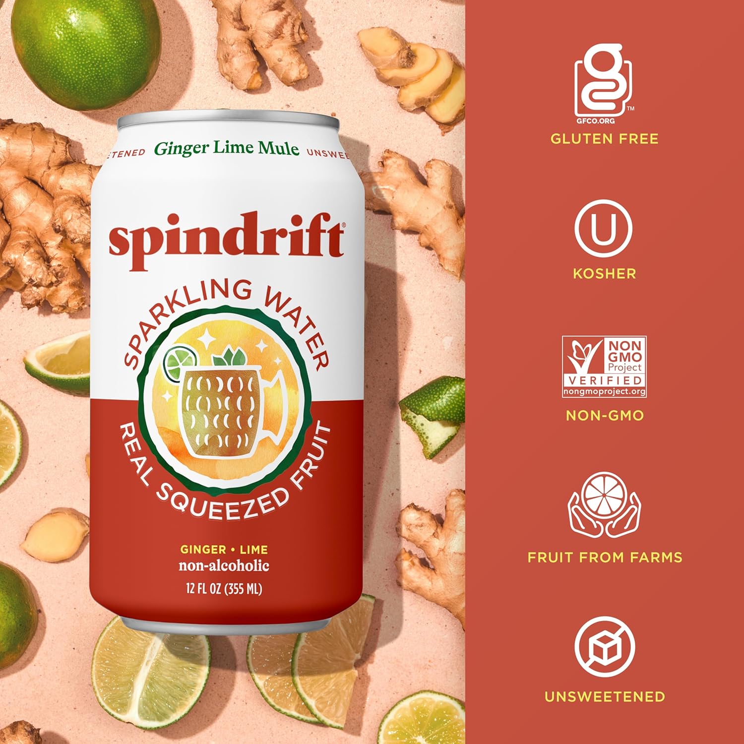 Spindrift Sparkling Water, Ginger Lime Mule Flavored, Made with Real Squeezed Fruit, 12 Fl Oz Cans, Pack of 24 (Only 11 Calories per Can)