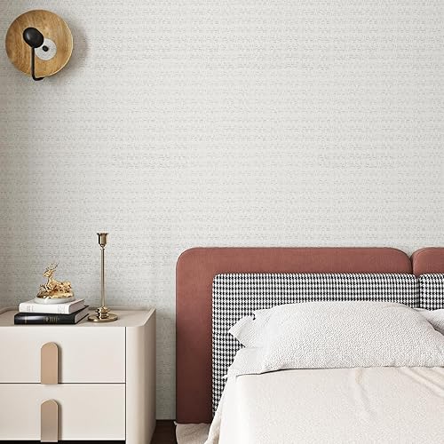 Miniatura 10 de Livelynine Papel tapiz con textura blanca de 15.8 x 197 pulgadas para dormitorio, papel tapiz de tela de hierba para paredes, papel adhesivo
