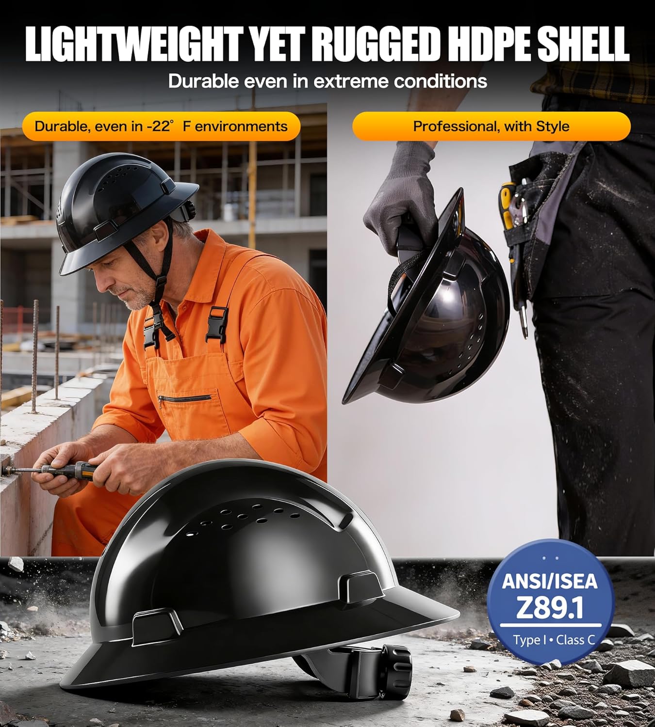 Black Full Brim Hard Hat, OSHA Approved Construction Helmets for Men, 4-Point Adjustable Suspension, ANSI Z89.1 - Image 5