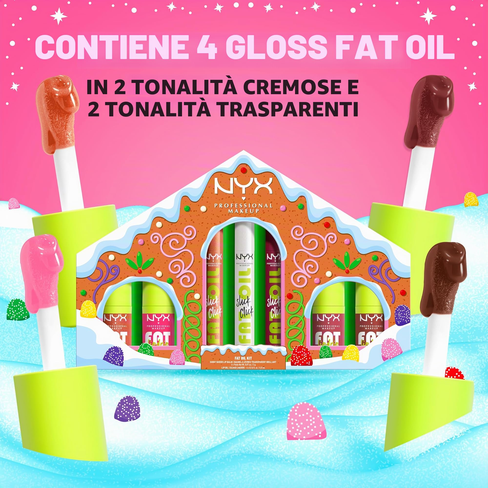 NYX Professional Makeup Holiday Fat Gingerbread House Kit Cofanetto Regalo Natale con 4 Gloss Fat Oil Lip Drip e 3 Balsami Labbra Fat Oil Slick Click - Confezione da 7