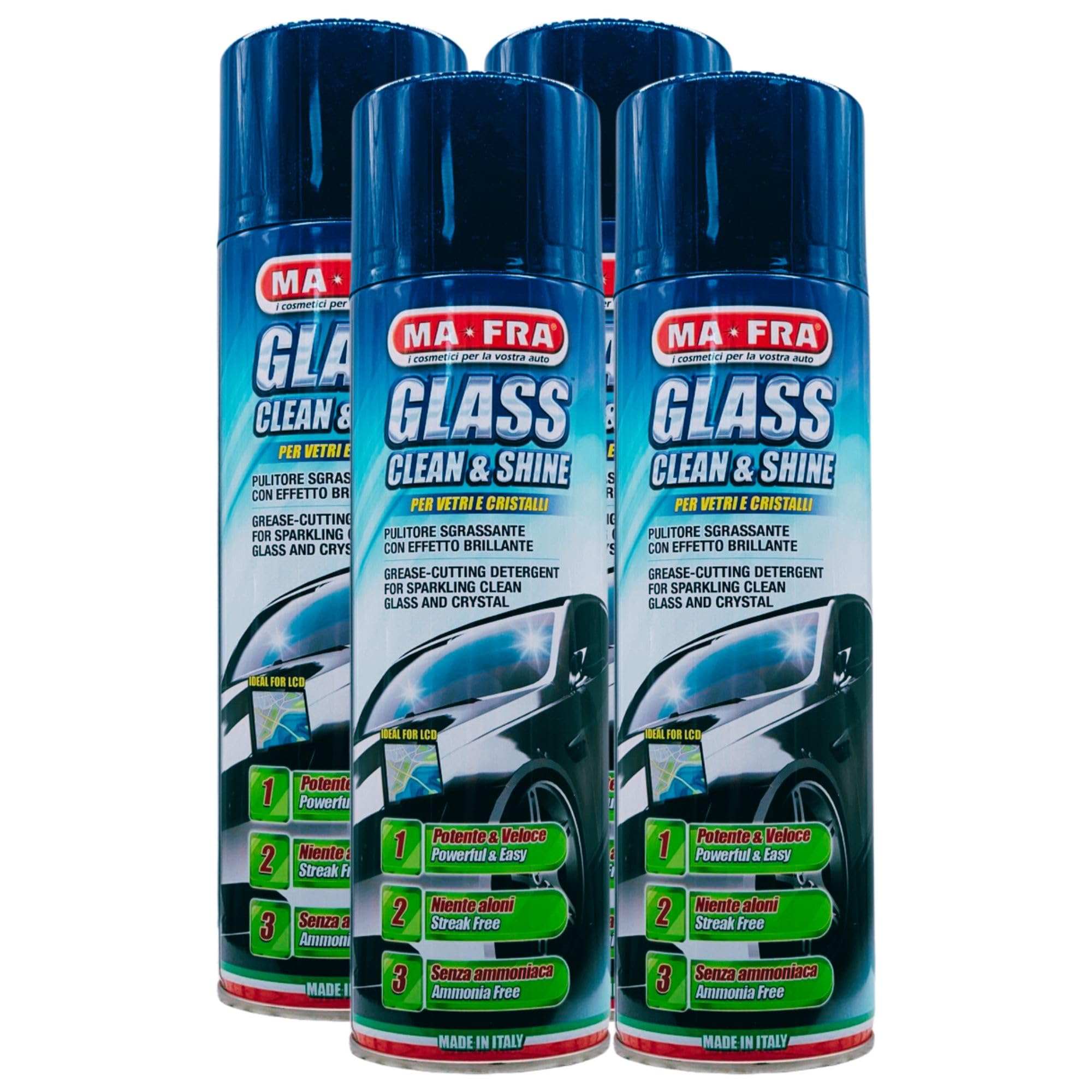 Pulitore Sgrassante Spray Glass CLEAN & SHINE Per Vetri e Cristalli Auto, Con Effetto Brillante. Potente e Veloce, Niente Aloni, Senza Ammoniaca 500ml (4 Spray)
