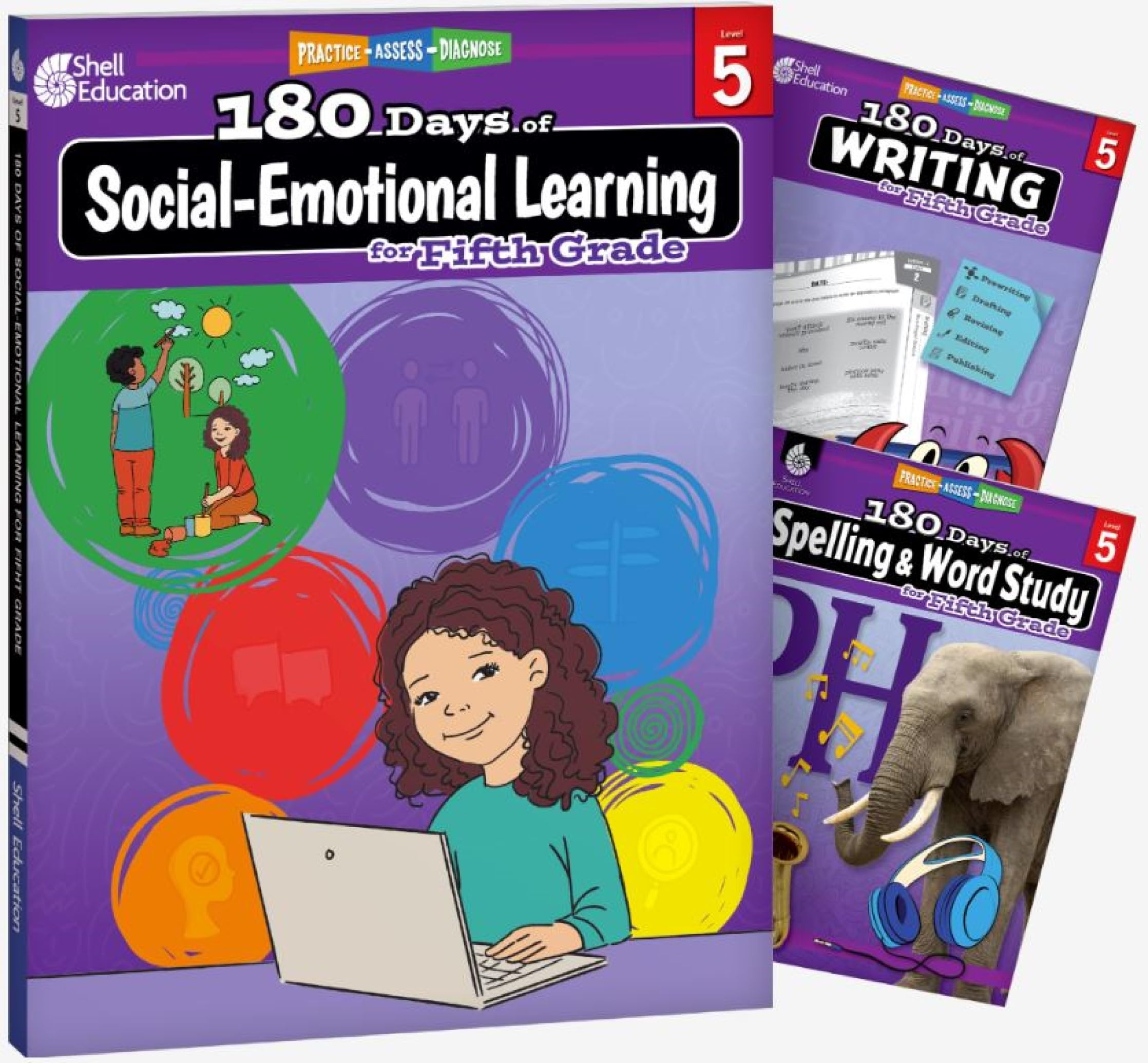 180 Days™: Aprendizaje socioemocional, escritura y ortografía, juego de 3 libros para práctica de quinto grado para el aula y el hogar, práctica fresca y divertida creada por profesores