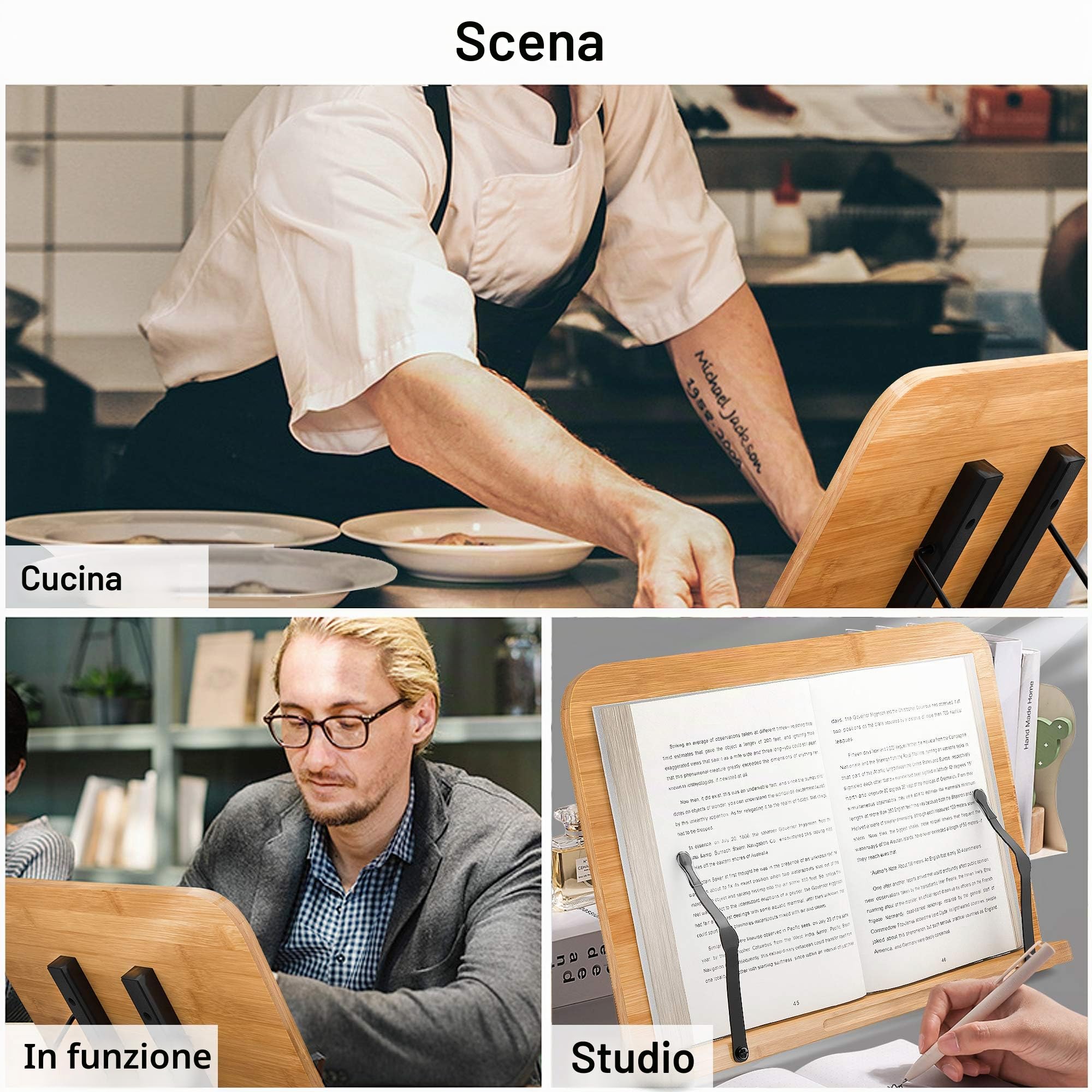 Readaeer Lettura Supporto Notebook e ricettario per Cucina in bambù Pieghevole