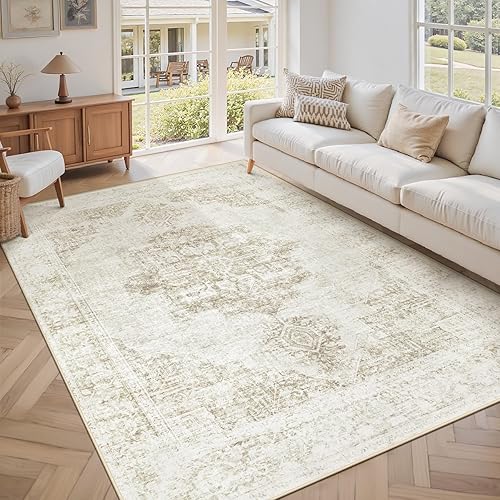 Area Rug 5x7 Washable Rug: Vintage Medallion Living Room Rug Non-Slip Soft Low Pile Retro Carpet for Bedroom Kitchen Dining Room Home Office(Beige, 5'x7')