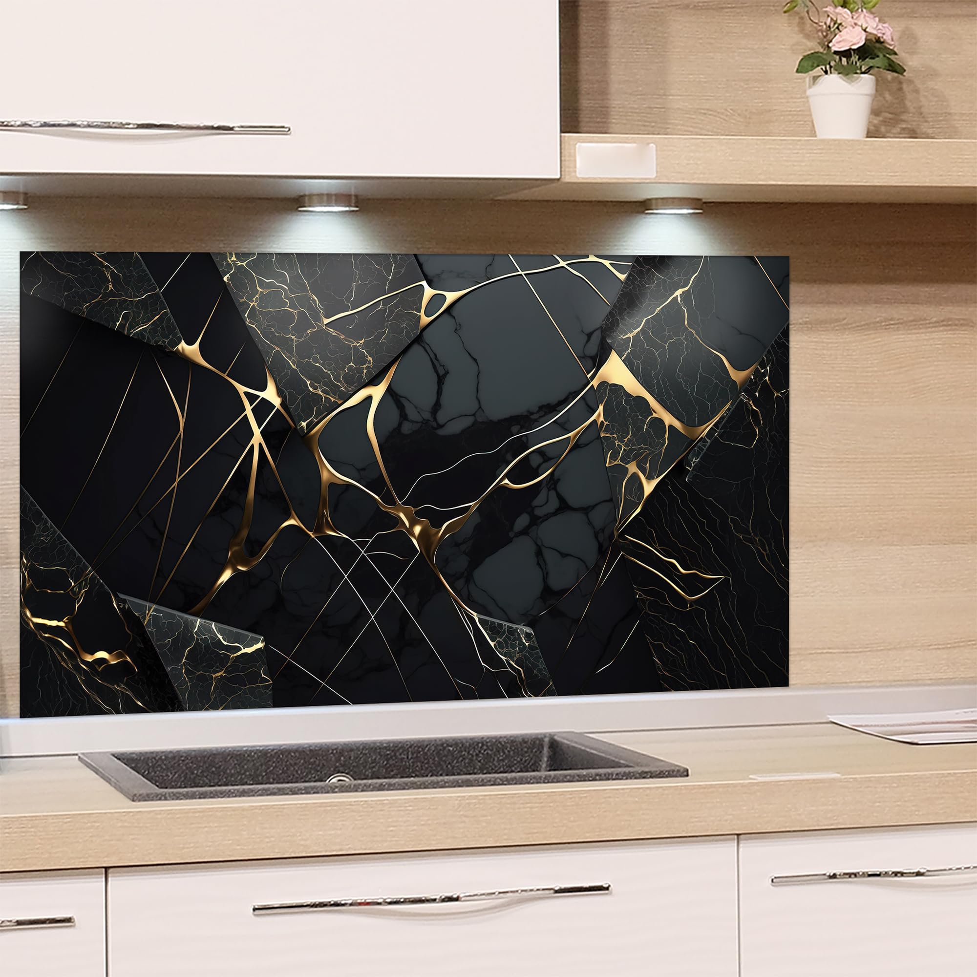 GRAZDesign Spritzschutz Glas Küchenrückwand 100x50cm - Schwarz Marmor Mit Gold