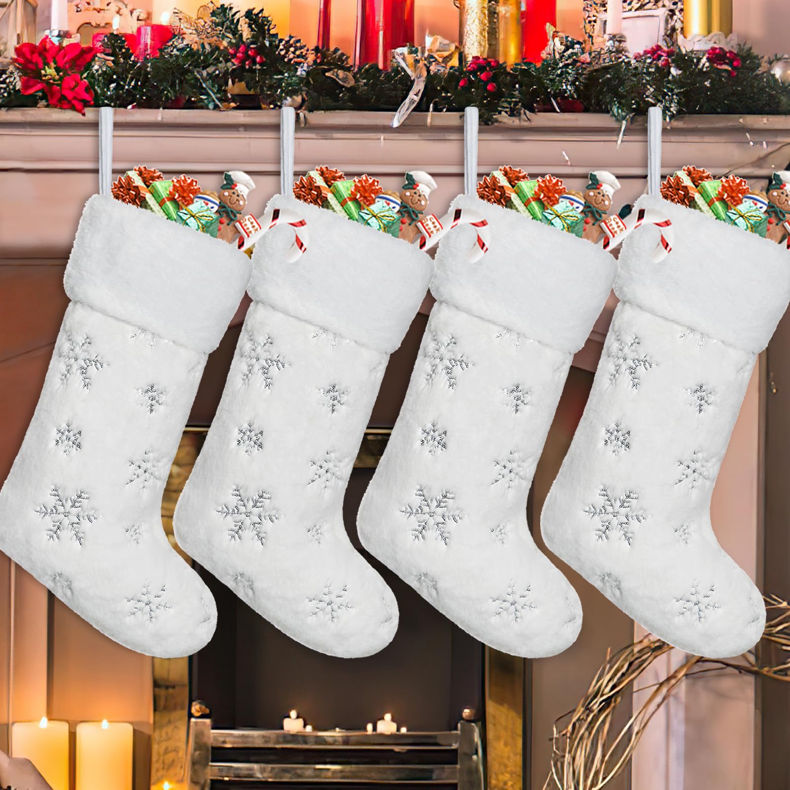 KHOYIME Christmas Stockings 4 Pack 20 Inch Large Cream White Faux Fur Xmas Stockings with Shining Silver Sequin Snowflakes Soft Thick Plush Christmas Stockings Decoration Holiday Party Fireplace Decor