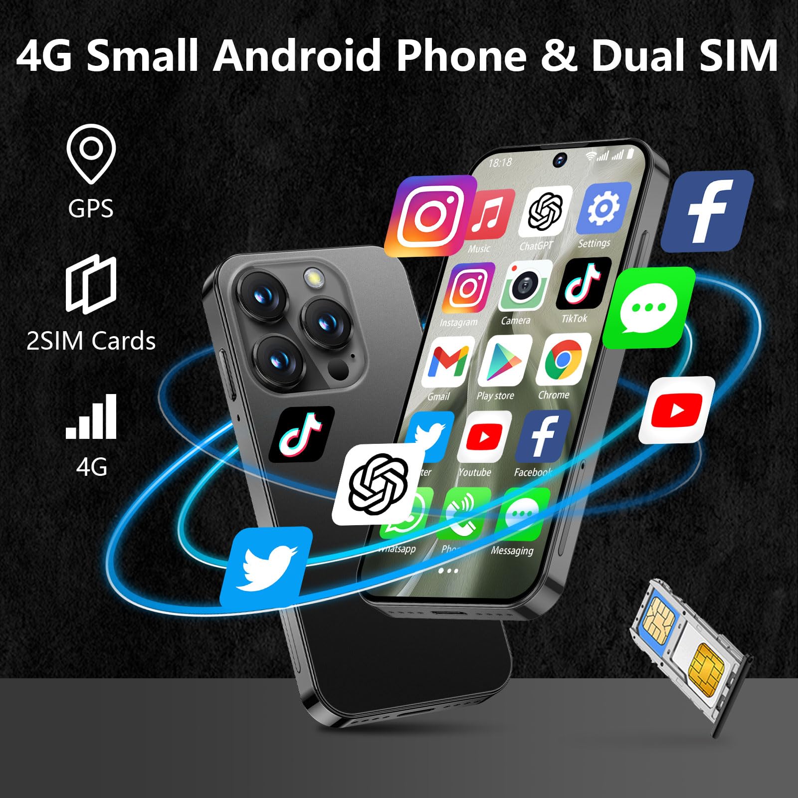 Mini smartfon 4G, mini odblokowany telefon komórkowy 3+32 GB – wyposażony w HD ekran 3,88 cala, baterię 2000 mAh, aparat 5 MP, podwójne SIM z podwójnym trybem czuwania, ultra cienki design