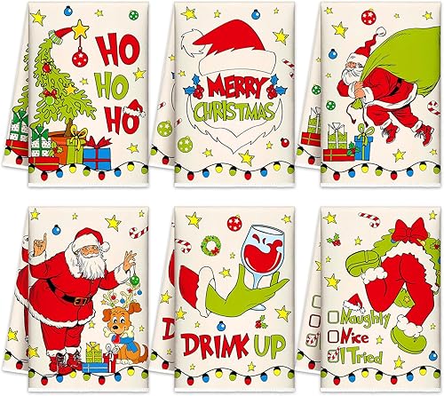Miniatura 7 de FuWeave 6 paños de cocina de Navidad rosas de 15.8 x 23.6 pulgadas, absorbentes de Papá Noel, muñeco de nieve, reno, toallas de mano, decorativas,