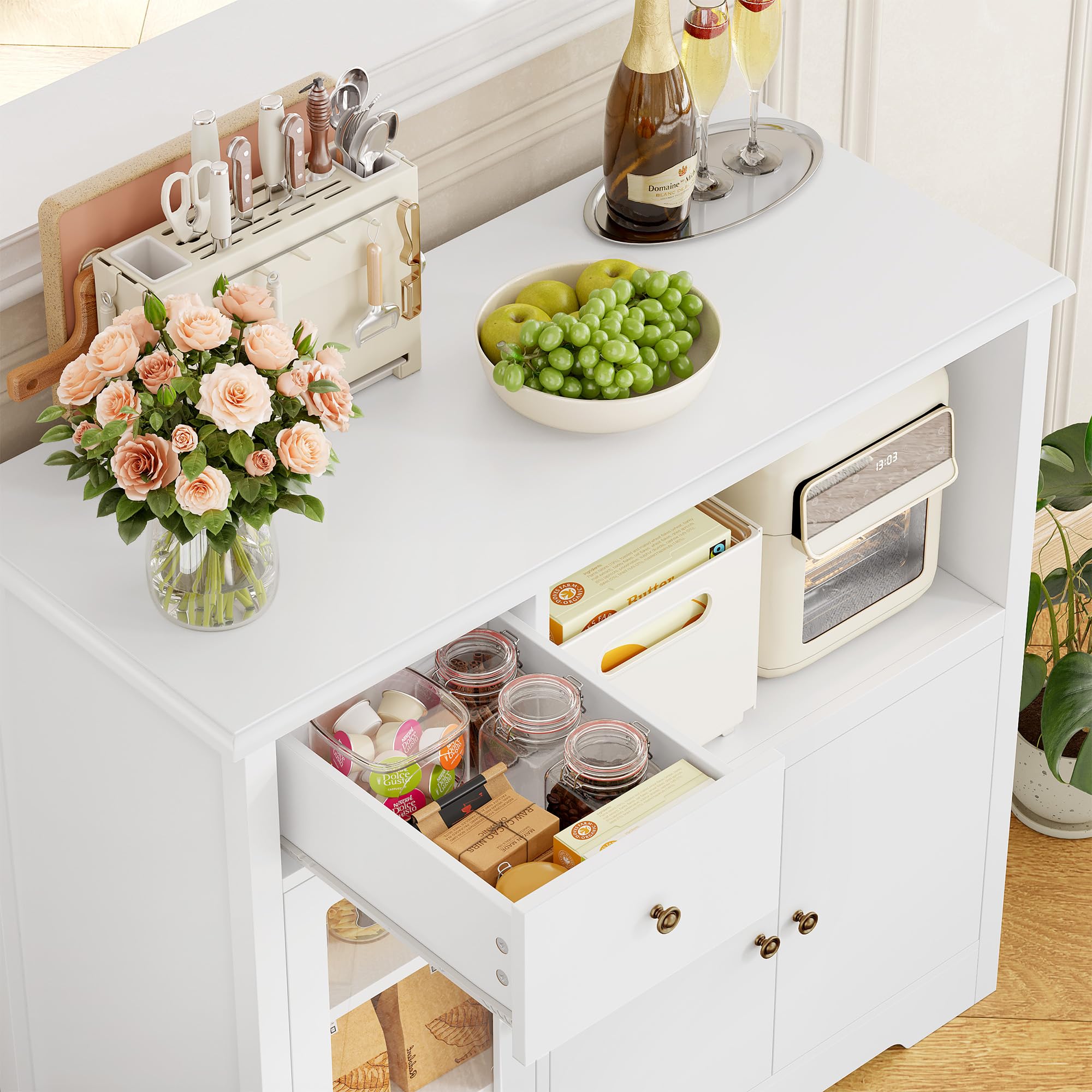 HOCSOK Küchenschrank Set, Buffetschrank mit Steckdosen & Mikrowellenregal, Sideboard Küche mit Acryltür, Hochschrank Vorratsschrank für Kaffeebar, Esszimmer, Wohnzimmer (Weiß)