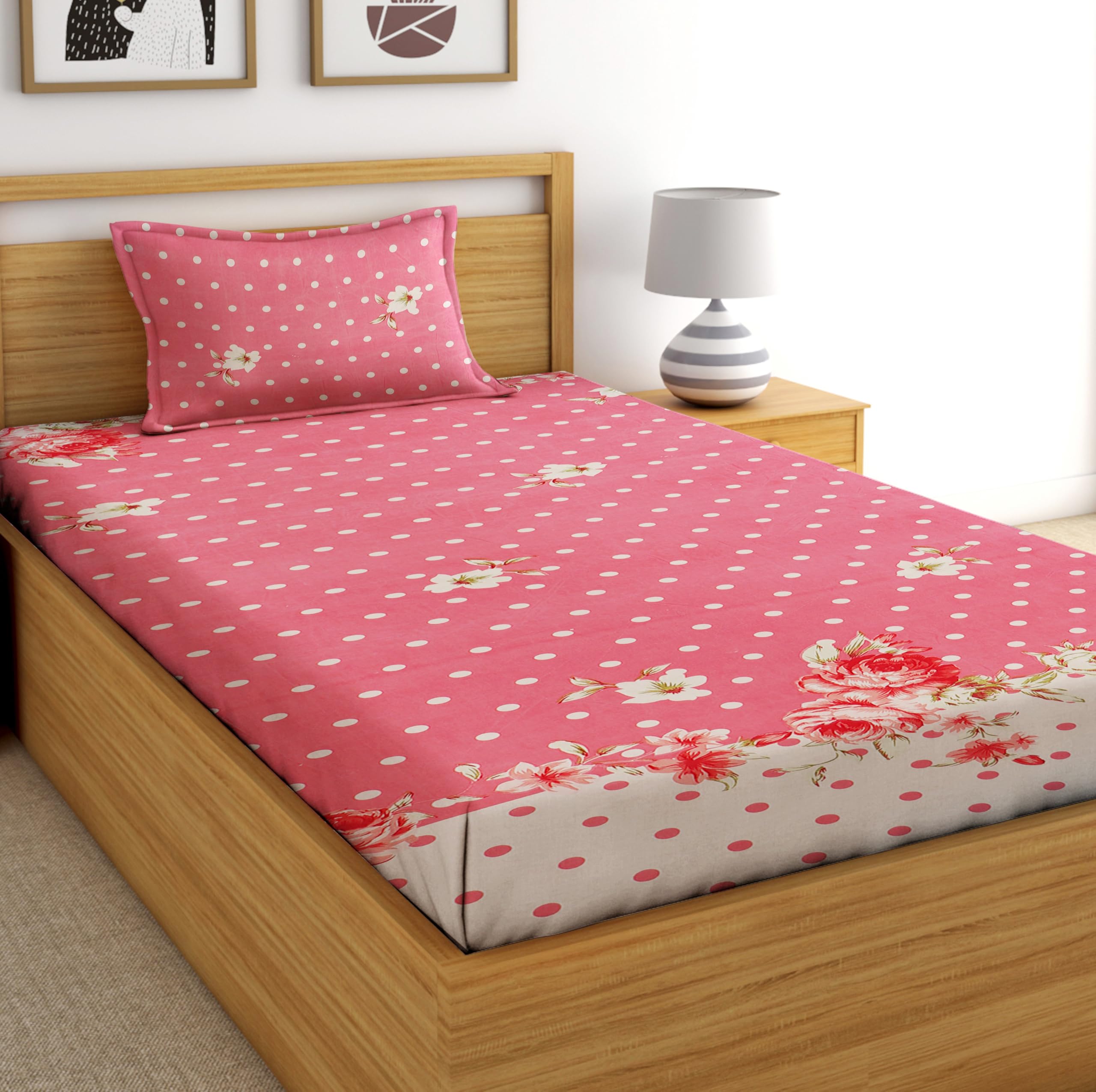 DECORUM Glace Cotton All Around Elastic Fitted Single Bedsheet (72"x48") with 1 Pillow Cover | Soft, Smooth & Wrinkle-Free Fabric | Fits Up to 6" Mattress | 200-220 TC