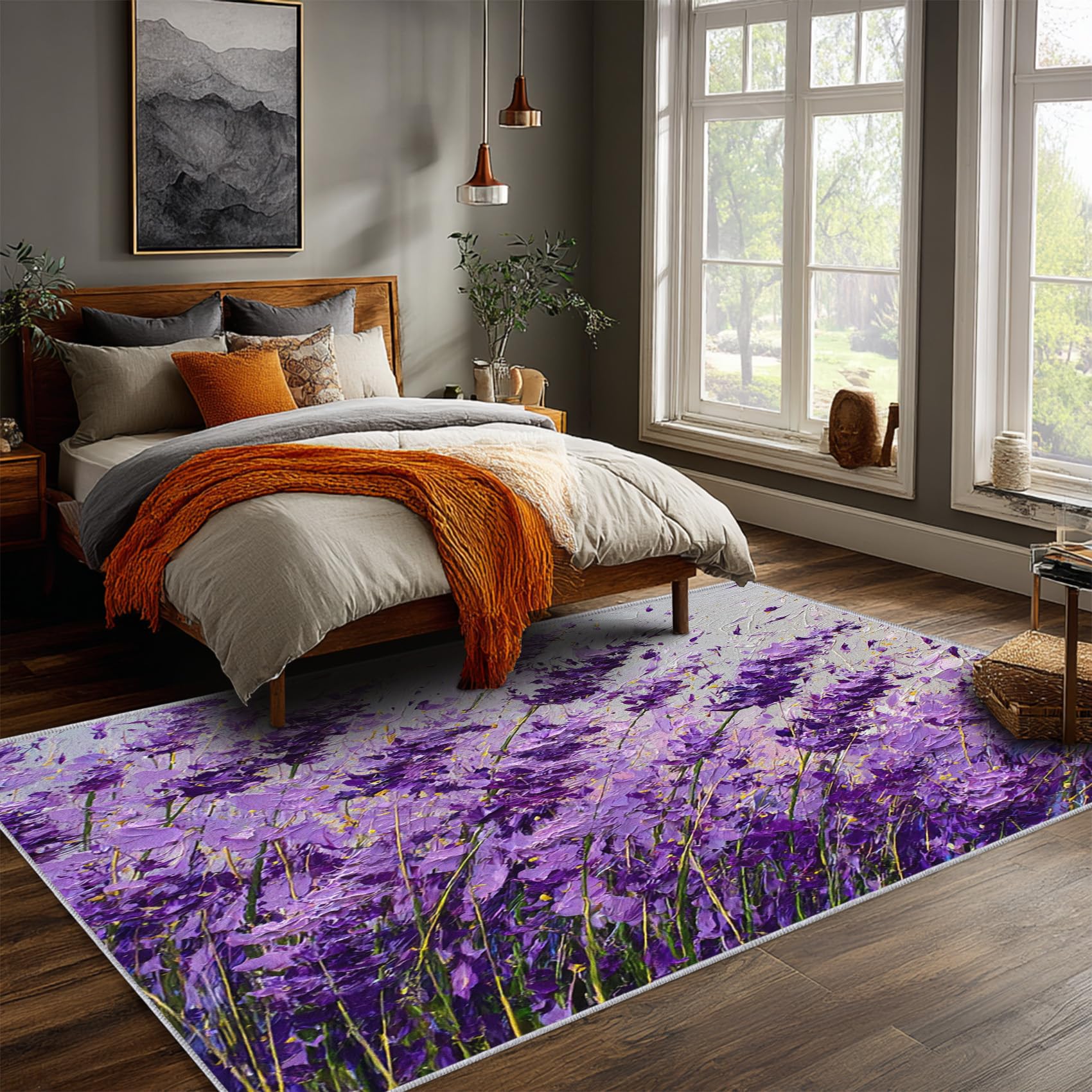 Générique Tapis Lavande, Tapis Salon Motif Floral Violet 140x200 cm, Pile Courte, Antidérapant, pour Carpette Chambre, Descente de Lit, Lavable Interieur, Decoration Maison A(1071)
