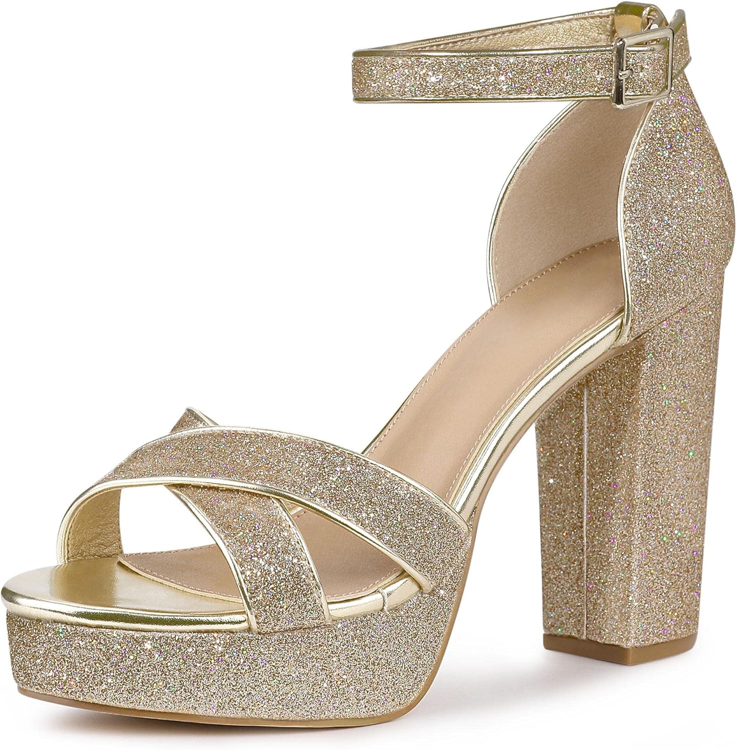 Perphy Glitter Platform Heel Crisscross Strap Chunky Heels Sandals for Women