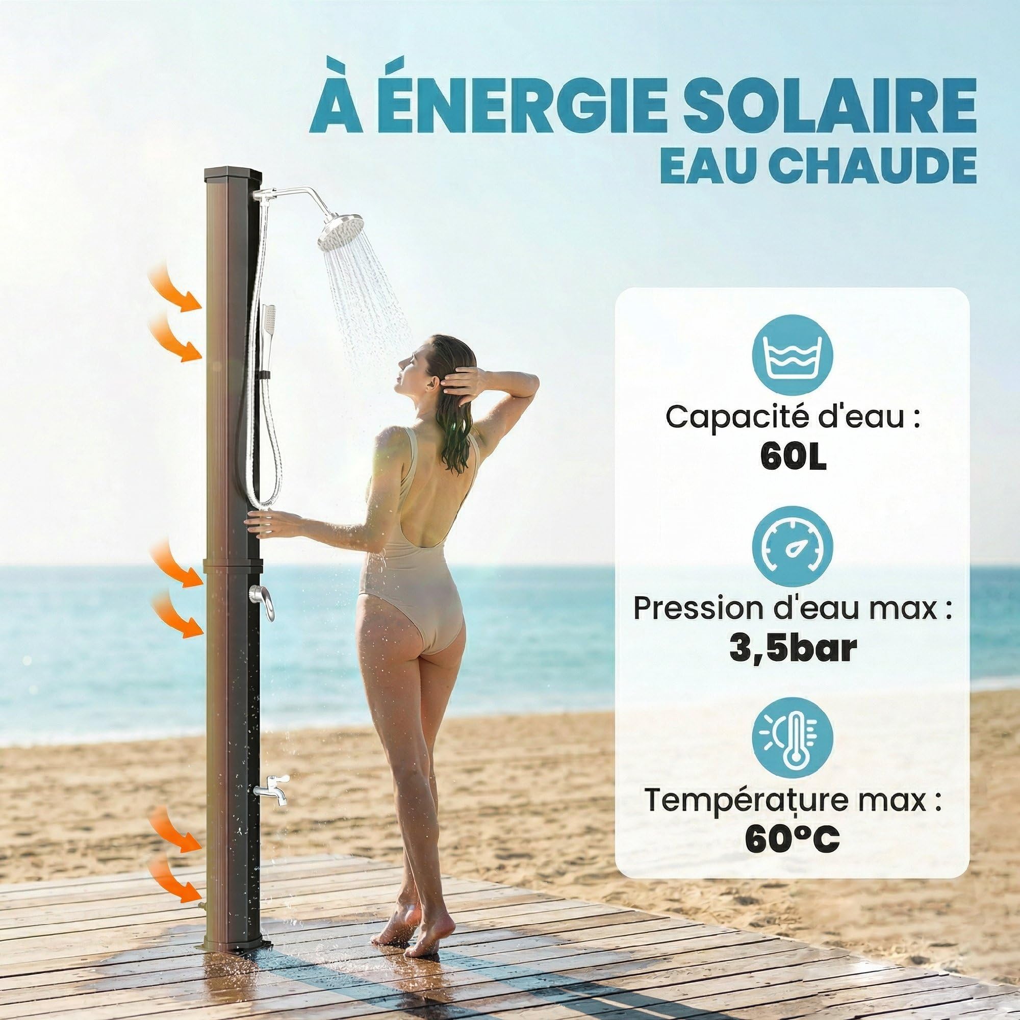 Outsunny Douche Solaire de Jardin XXL 60L avec Douchette à Main et Robinet - Douche Extérieure de Piscine avec Mitigeur Eau Chaude/Froide, Hauteur 208 cm, Pression 3,5 Bar, Noir