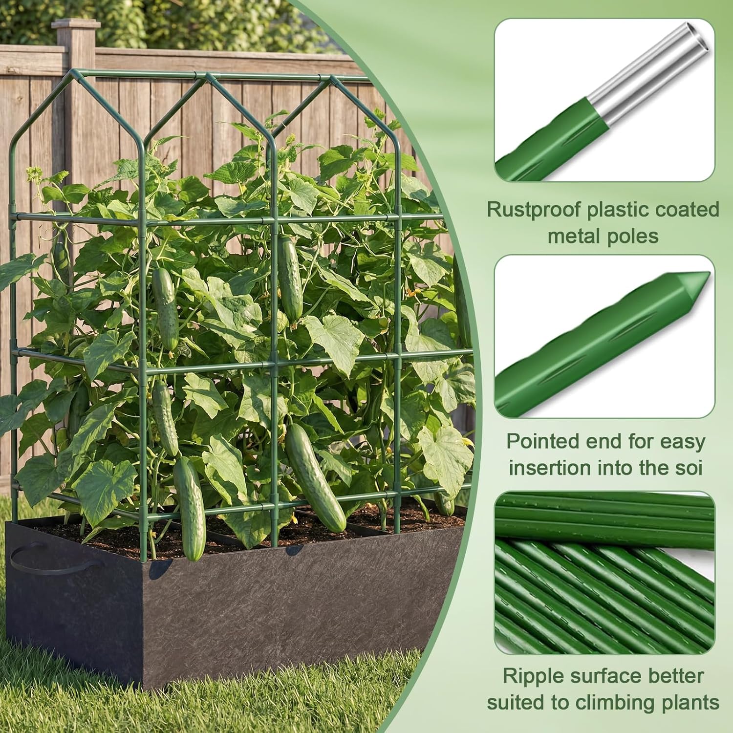 63in A-Adjustable MetalCucumber Trellis Kit with Planting Bags, Garden Trellis for Climbing Plants Outdoor Vertical Vegetable Support for Cucumbers Tomatoes Beans Peas Raised Bed and Patio Garden