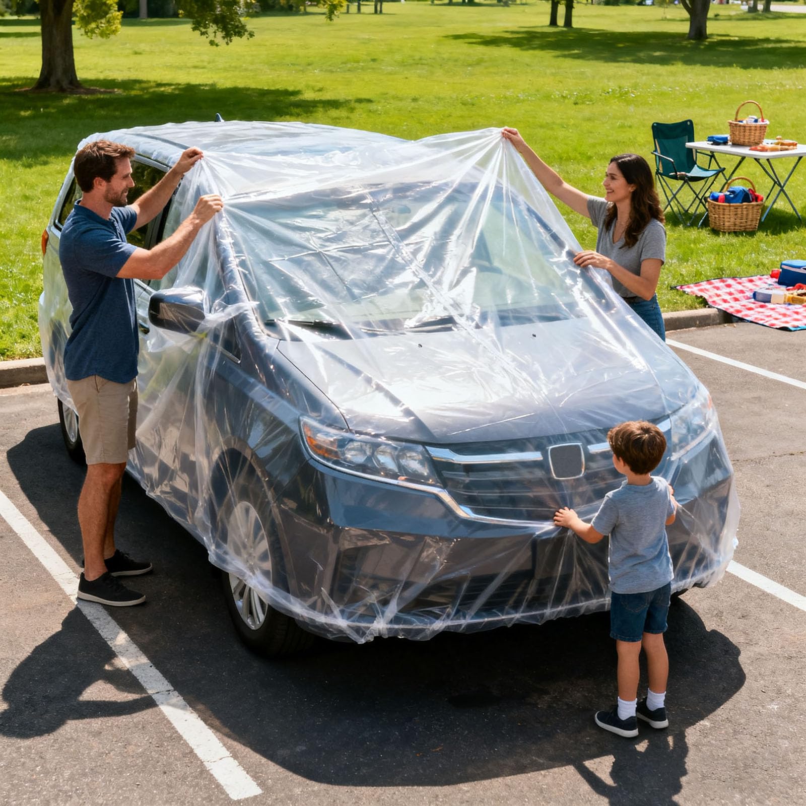 Plastic Car Cover 2 Packs Disposable Car Covers for Automobiles Retractable Clear Dust Cover S 18 x11ft — view 3