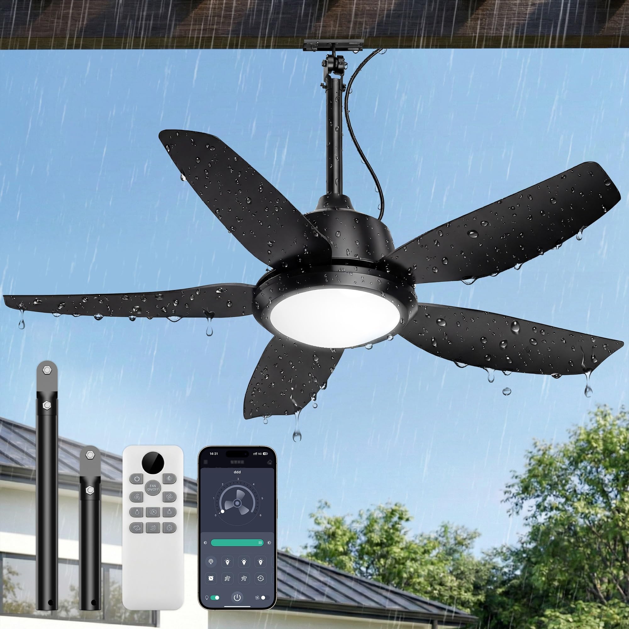 ROTTOGOON 106cm Deckenventilator mit Beleuchtung und Fernbedienung, IP65