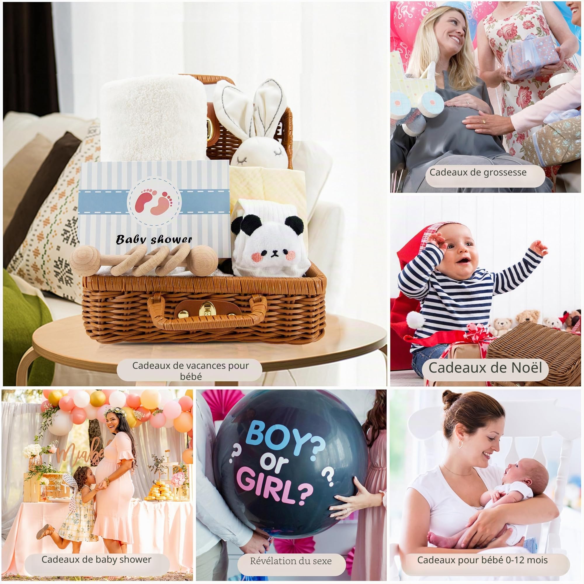 7 en 1 Coffret Naissance Cadeau, Panier personnalisé pour Baby Shower, Idéal Cadeau pour Naissance, Bébé garçons et filles, fête de la révélation du sexe, La première rencontre, blanc