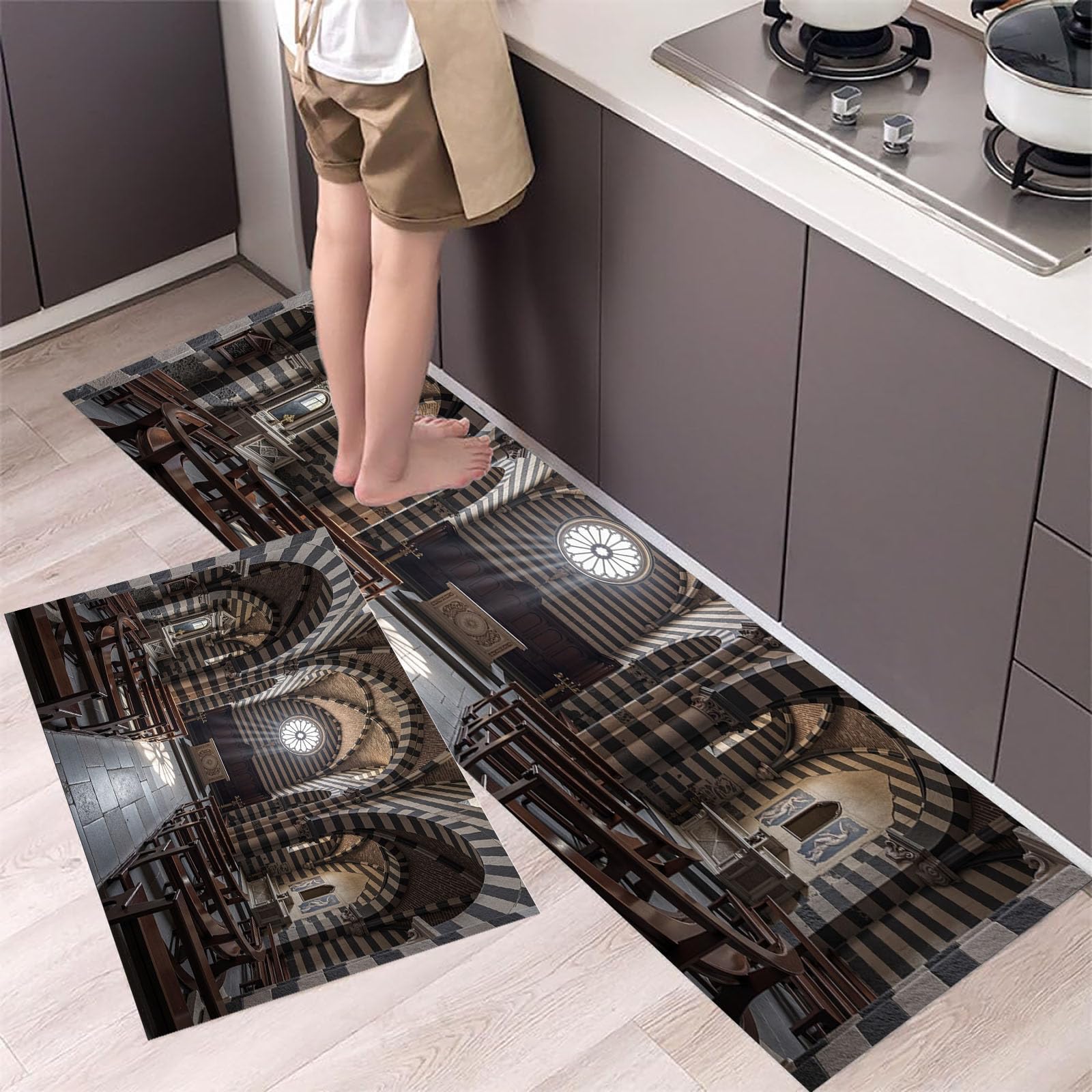 Gothique Rétro Tapis de Cuisine 2 pièces, Galerie Des Colonnes Pierre Cintrées Tapis de Cuisine antidérapant, Noir Carbone Tapis de Sol de Cuisine Absorbant résistant aux Taches - 43x75+43x150cm