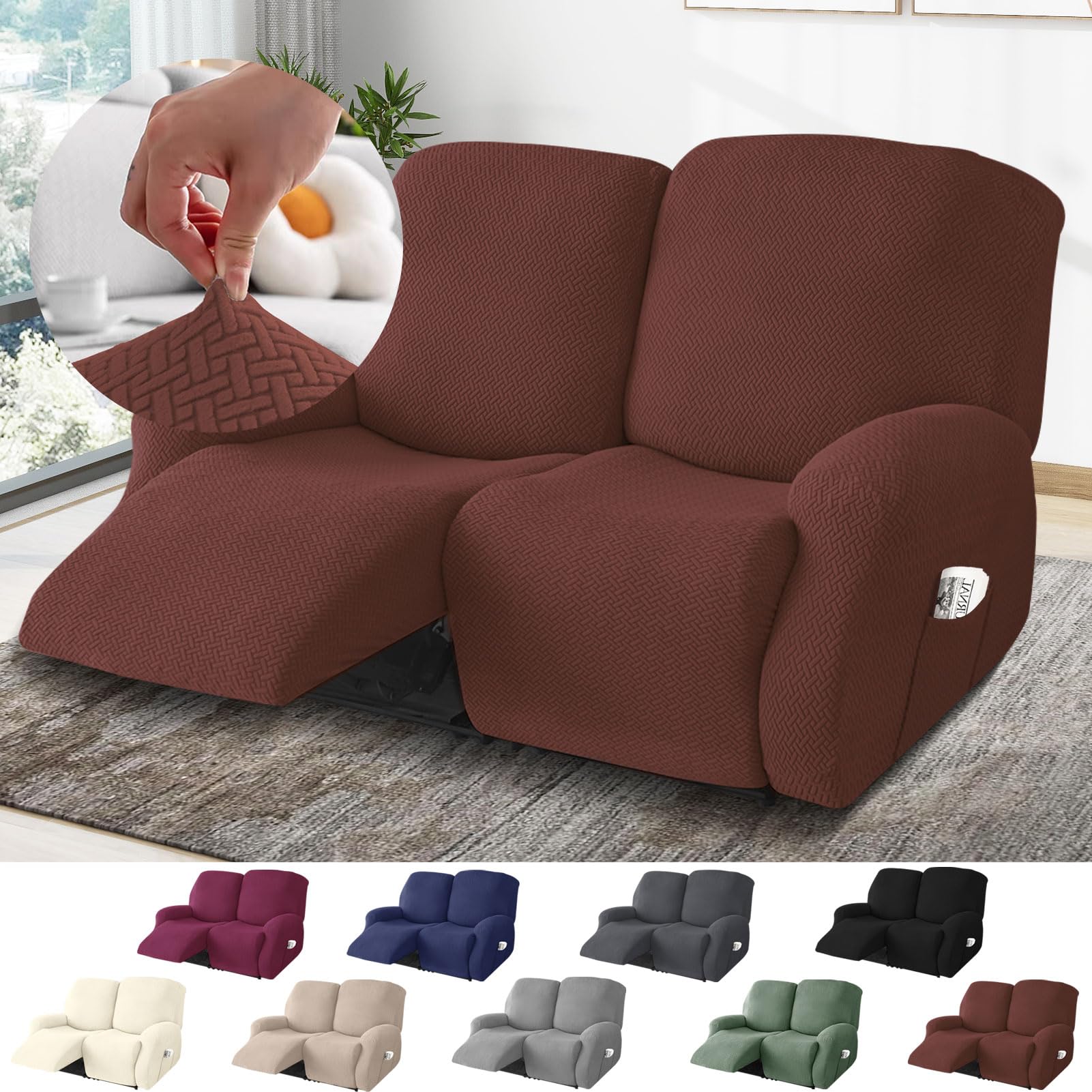 BOYIFEIJIE 2-Seater Recliner Sofa Covers, All-Inclusive Striped Jacquard Sofa Slipcover with Pocket, Non-Slip Stretch Recliner Protector for Living Room Recliner Sofa (Dark Brown, 6-Pieces)