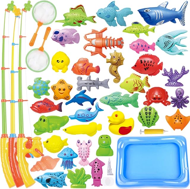 CozyBomB Magnetic Fishing Toys Game Set for Kids for Bath Time Pool Party with Pole Rod Net, Plastic Floating Fish - Toddler Education Teaching and Learning Colors Ocean Sea Animals (X-Large)